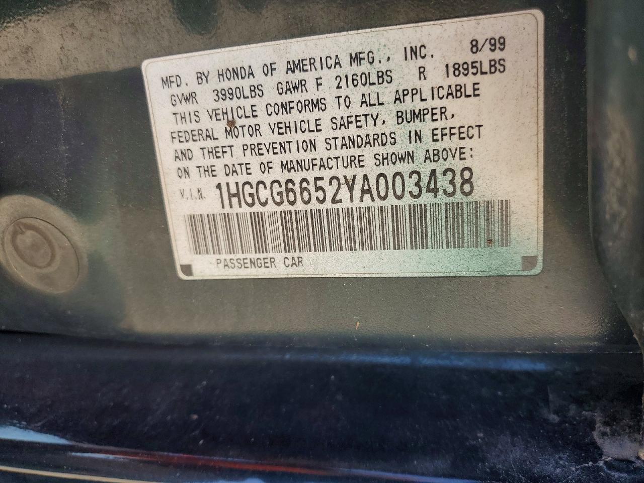 2000 Honda Accord Lx Green vin: 1HGCG6652YA003438
