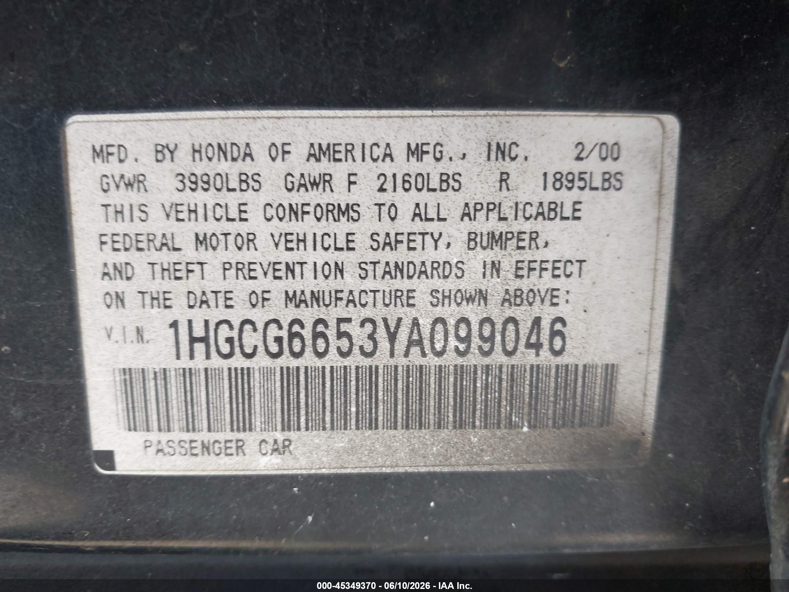 2000 Honda Accord 2.3 Lx Черный vin: 1HGCG6653YA099046
