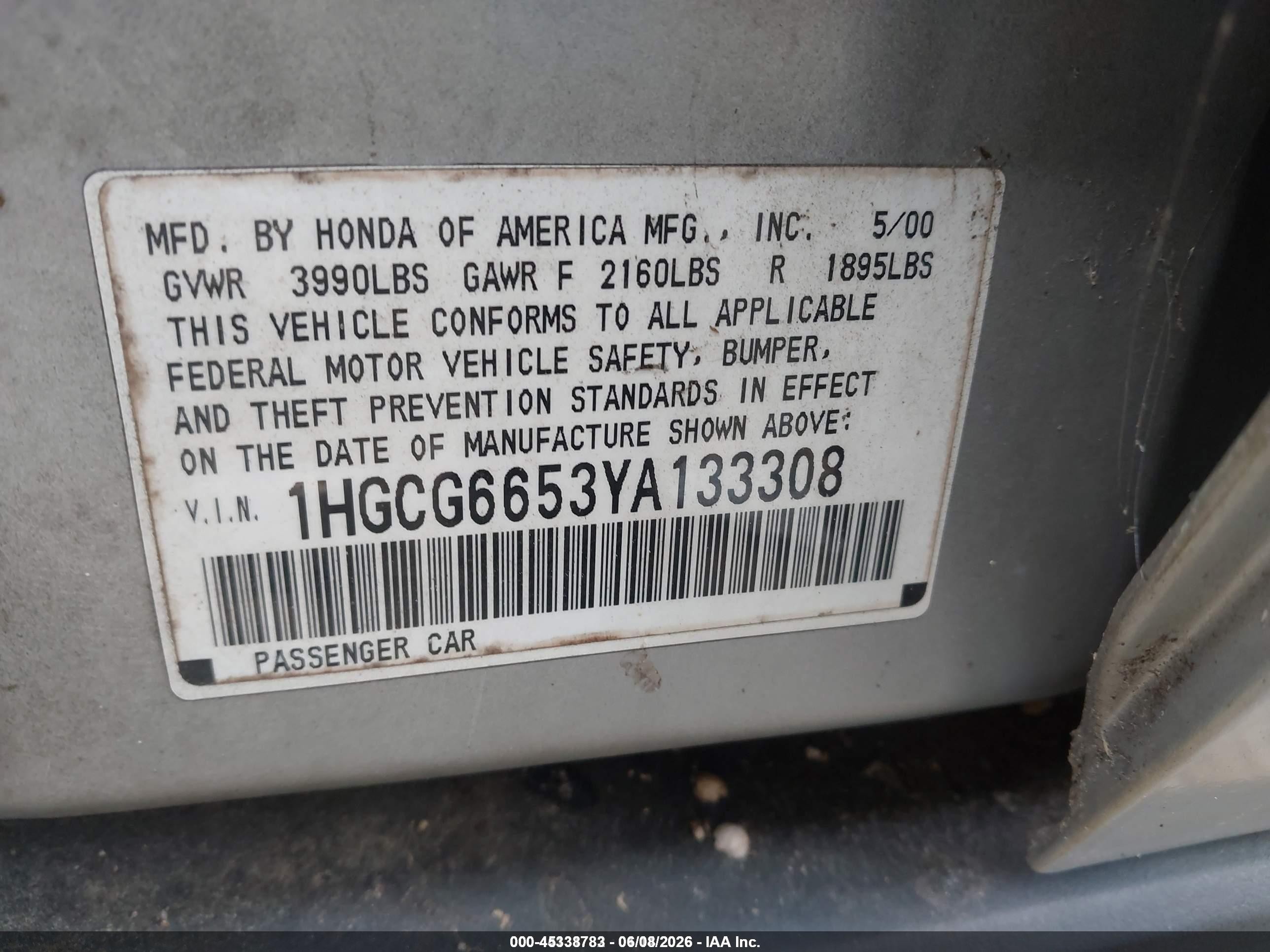 2000 Honda Accord 2.3 Lx Silver vin: 1HGCG6653YA133308