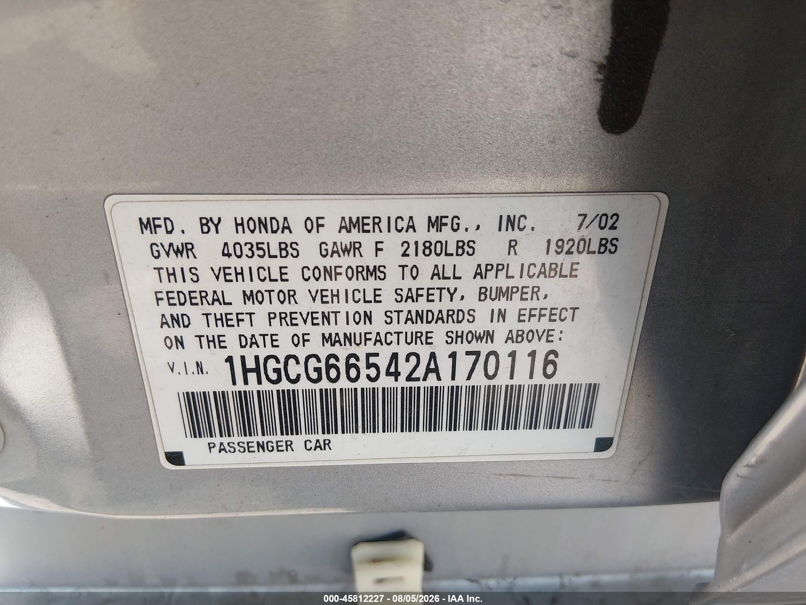 2002 Honda Accord 2.3 Lx Silver vin: 1HGCG66542A170116