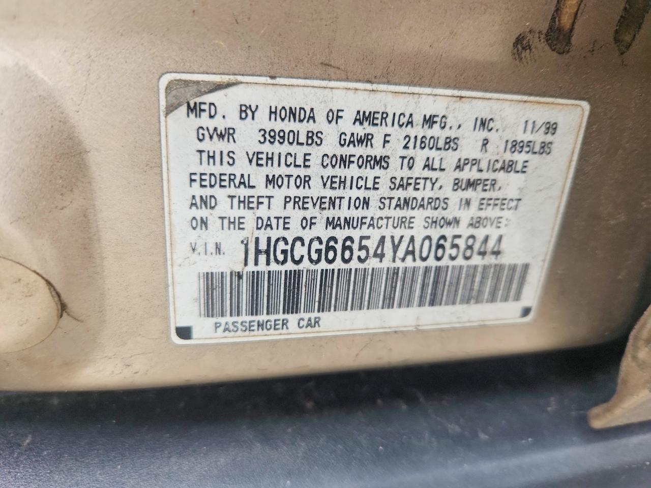 2000 Honda Accord Lx Gold vin: 1HGCG6654YA065844