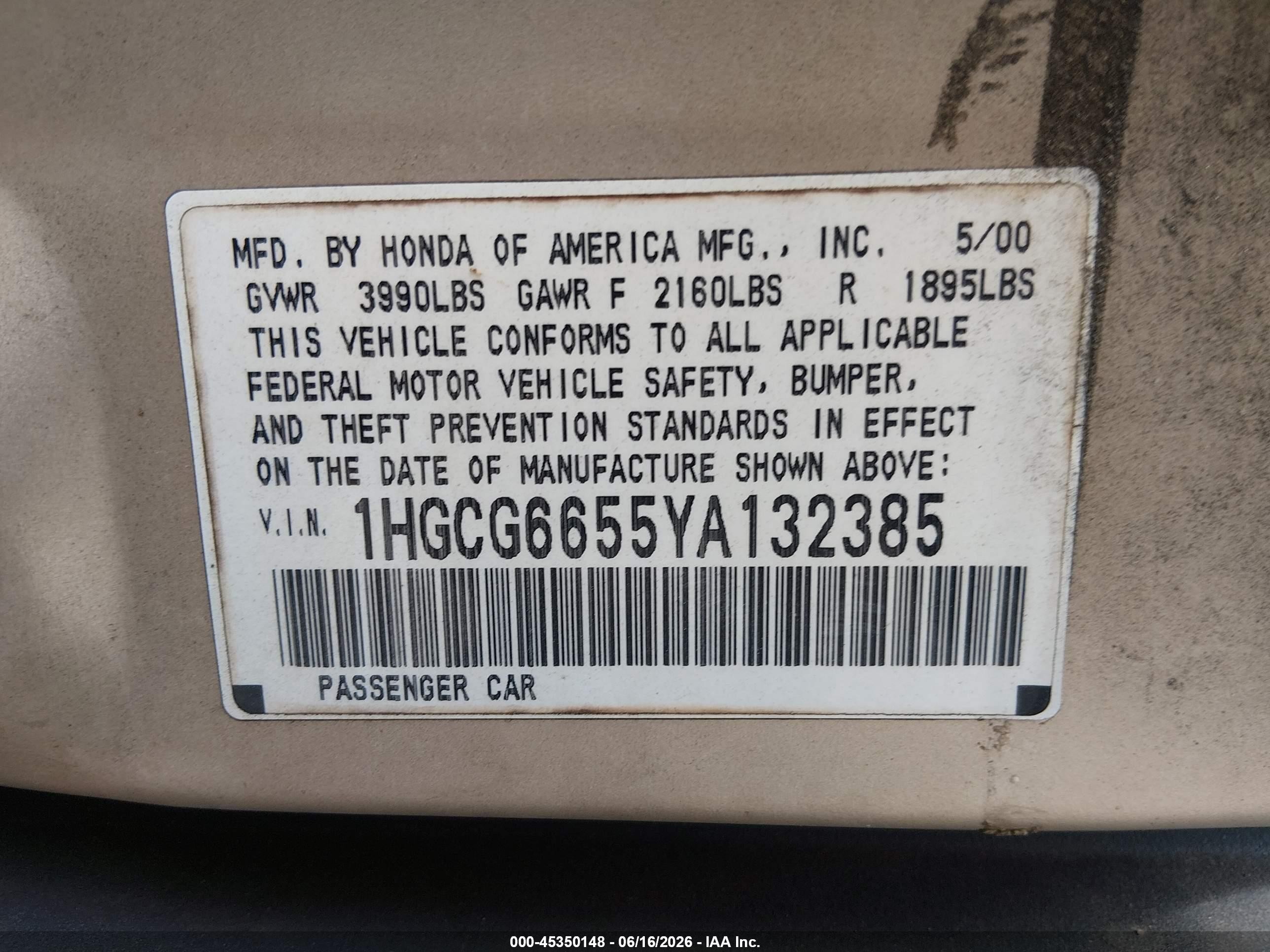 2000 Honda Accord 2.3 Lx Gold vin: 1HGCG6655YA132385