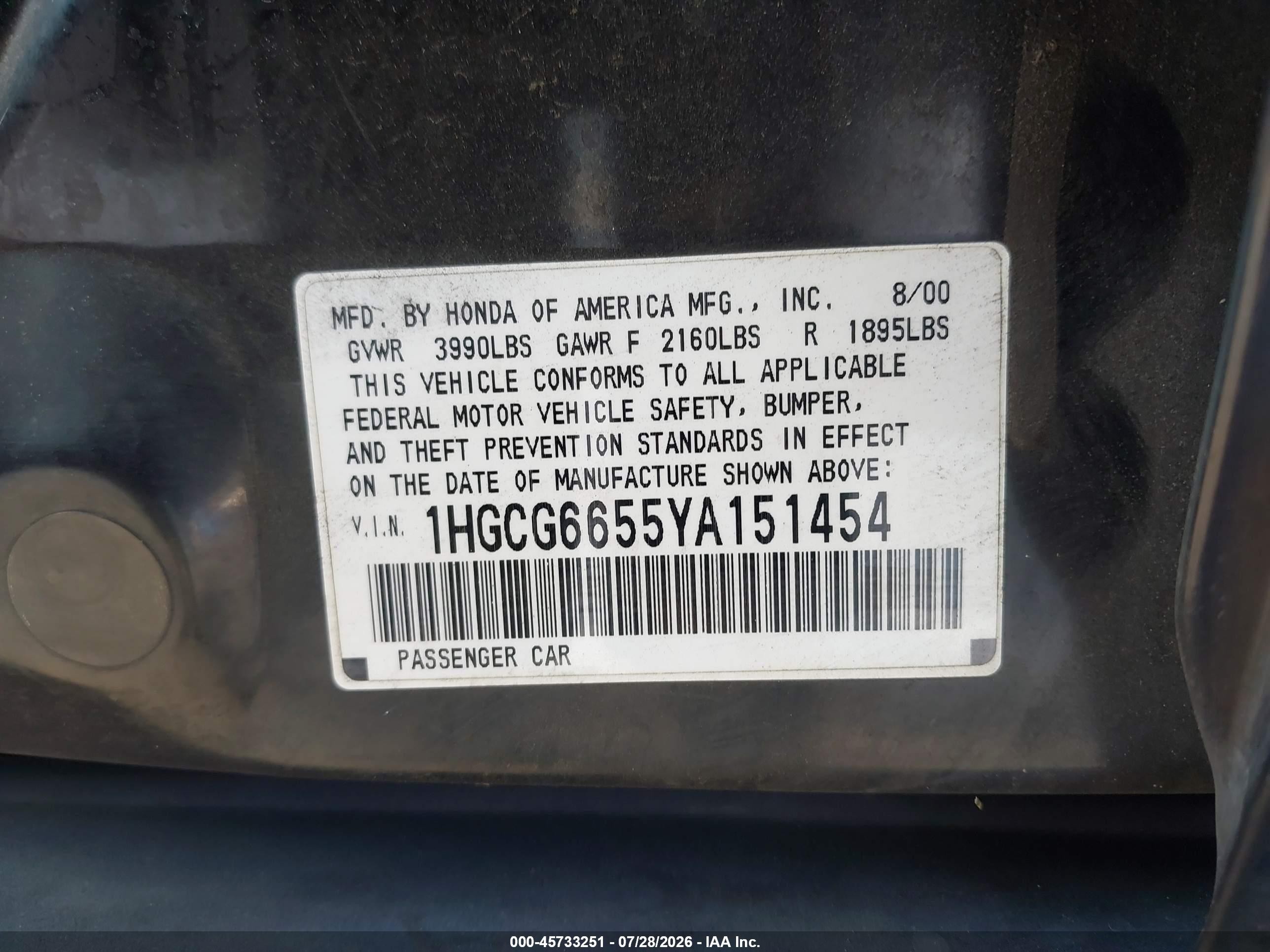 2000 Honda Accord 2.3 Lx Black vin: 1HGCG6655YA151454