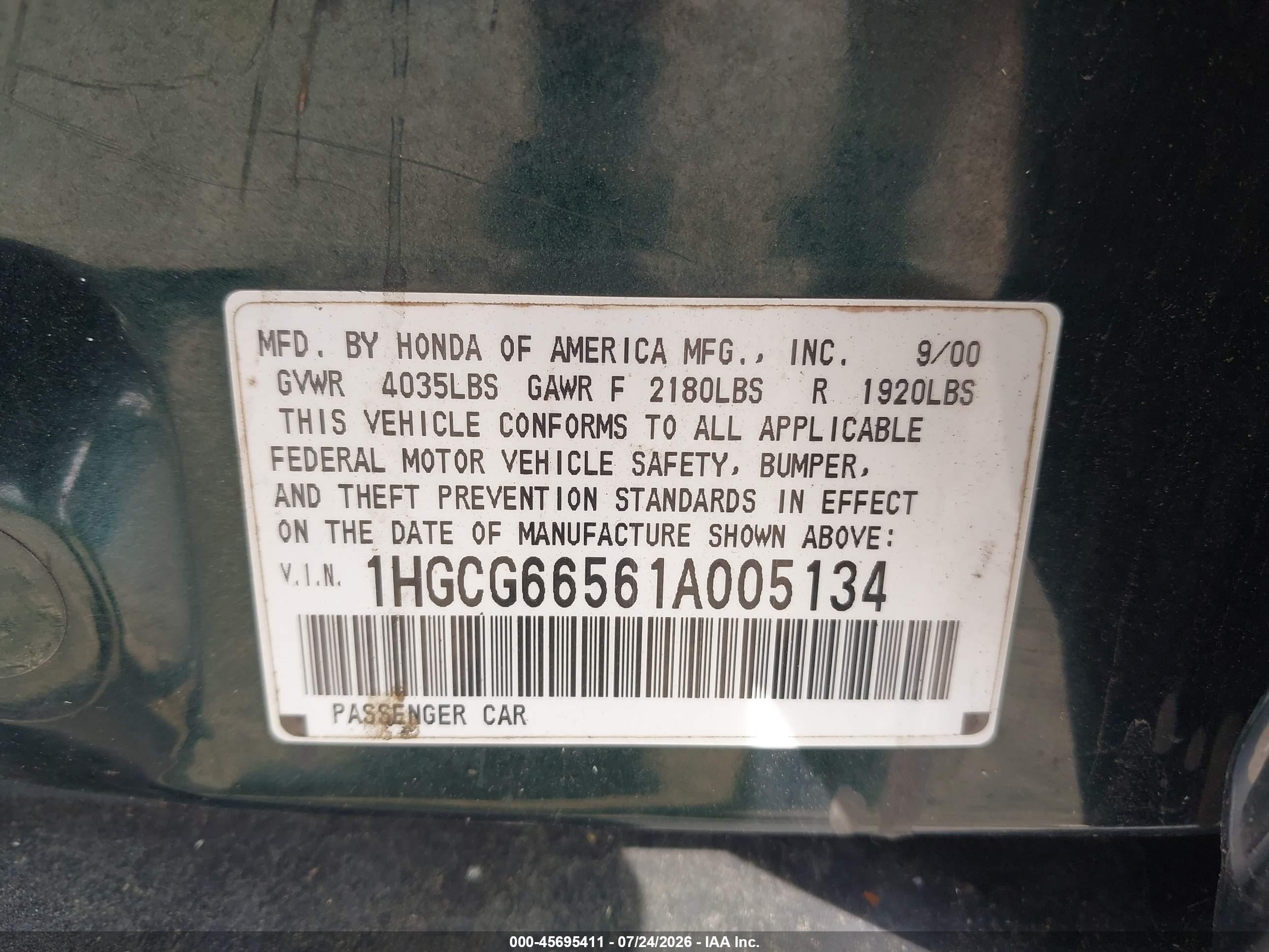 2001 Honda Accord 2.3 Lx Green vin: 1HGCG66561A005134