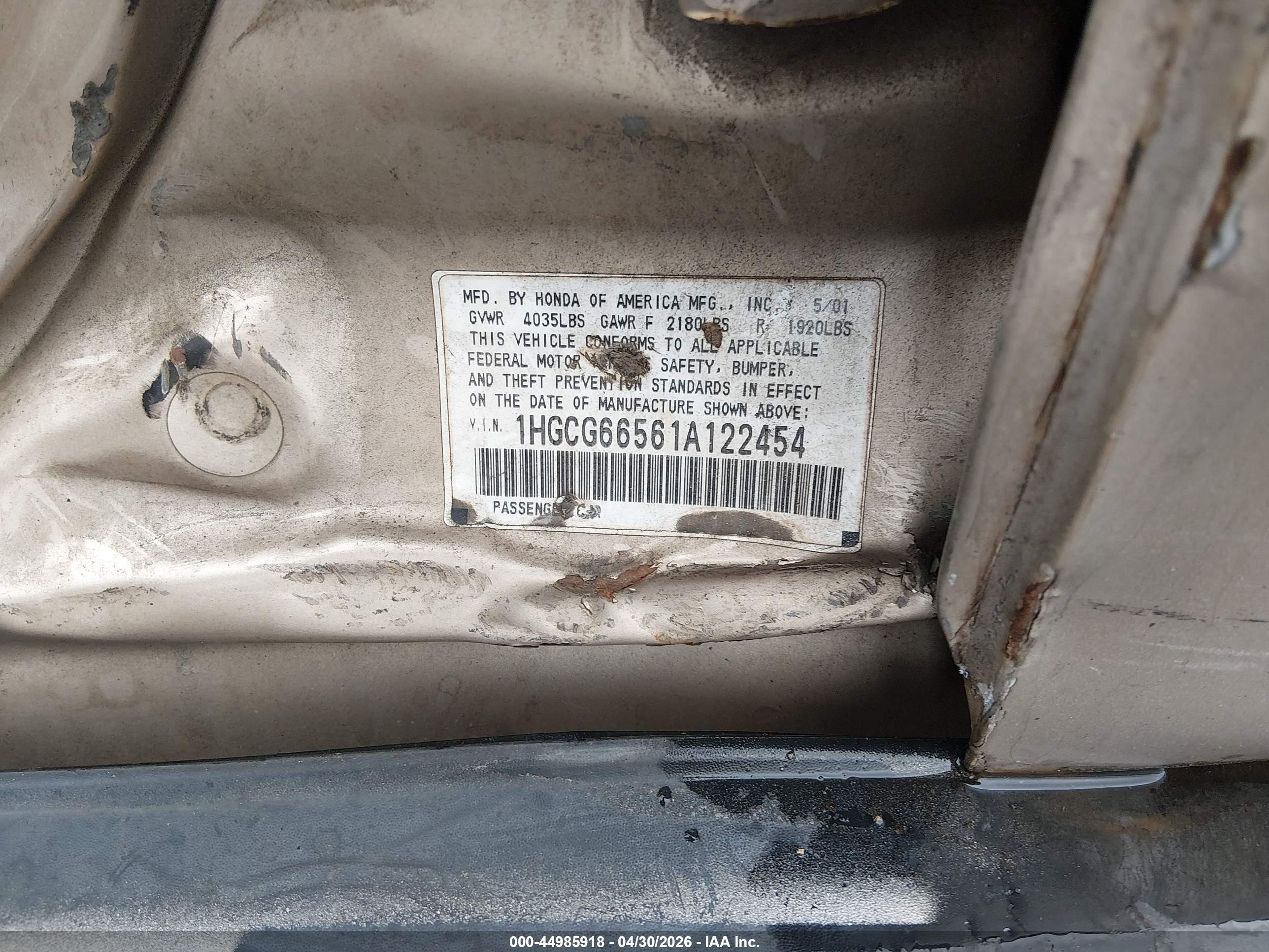 2001 Honda Accord 2.3 Lx Beige vin: 1HGCG66561A122454