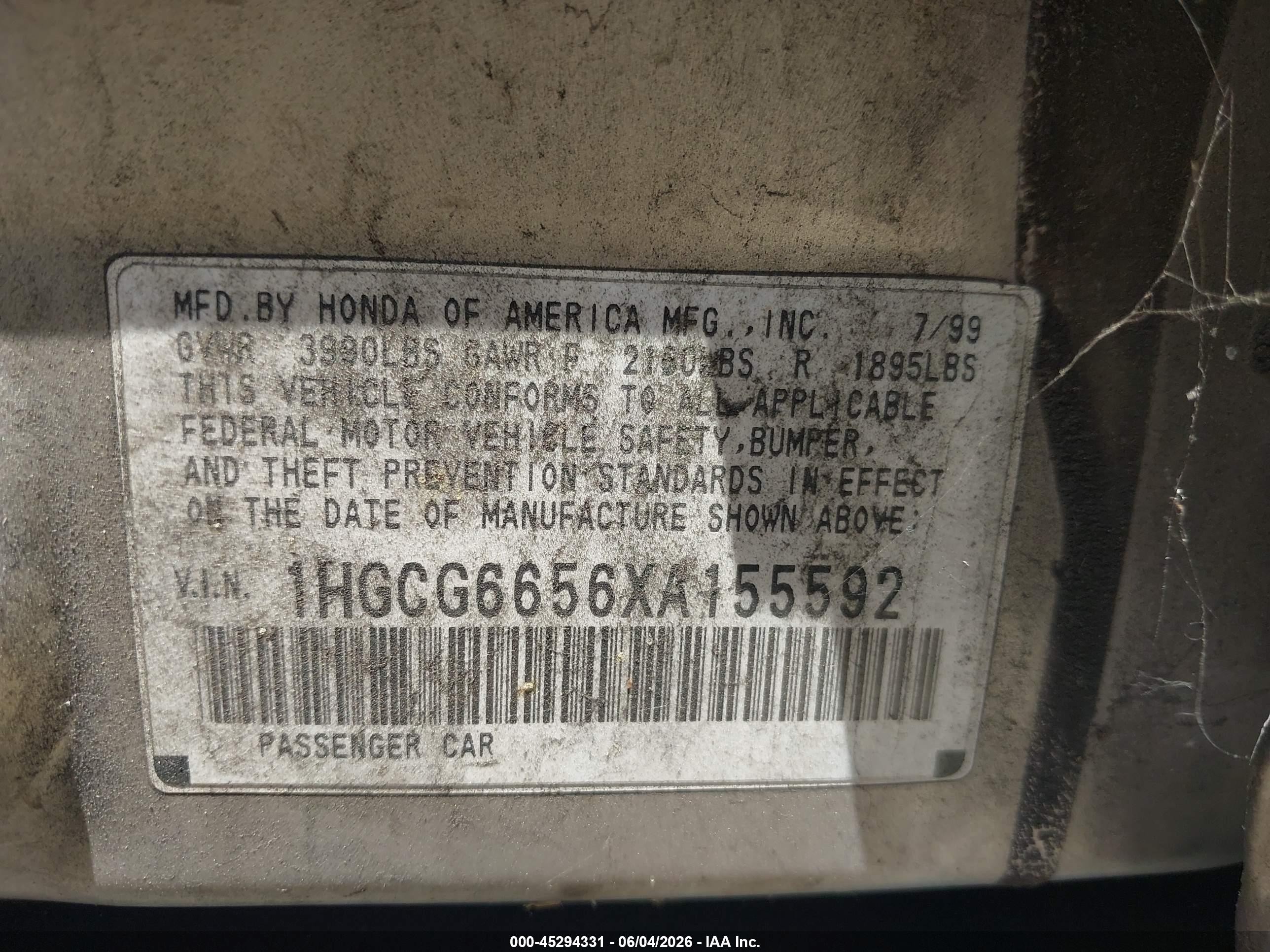 1999 Honda Accord Lx Gold vin: 1HGCG6656XA155592