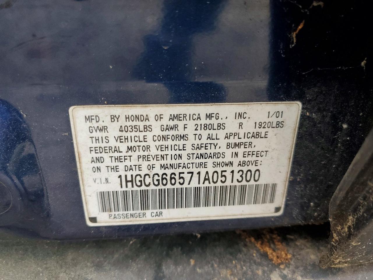 2001 Honda Accord Lx Blue vin: 1HGCG66571A051300