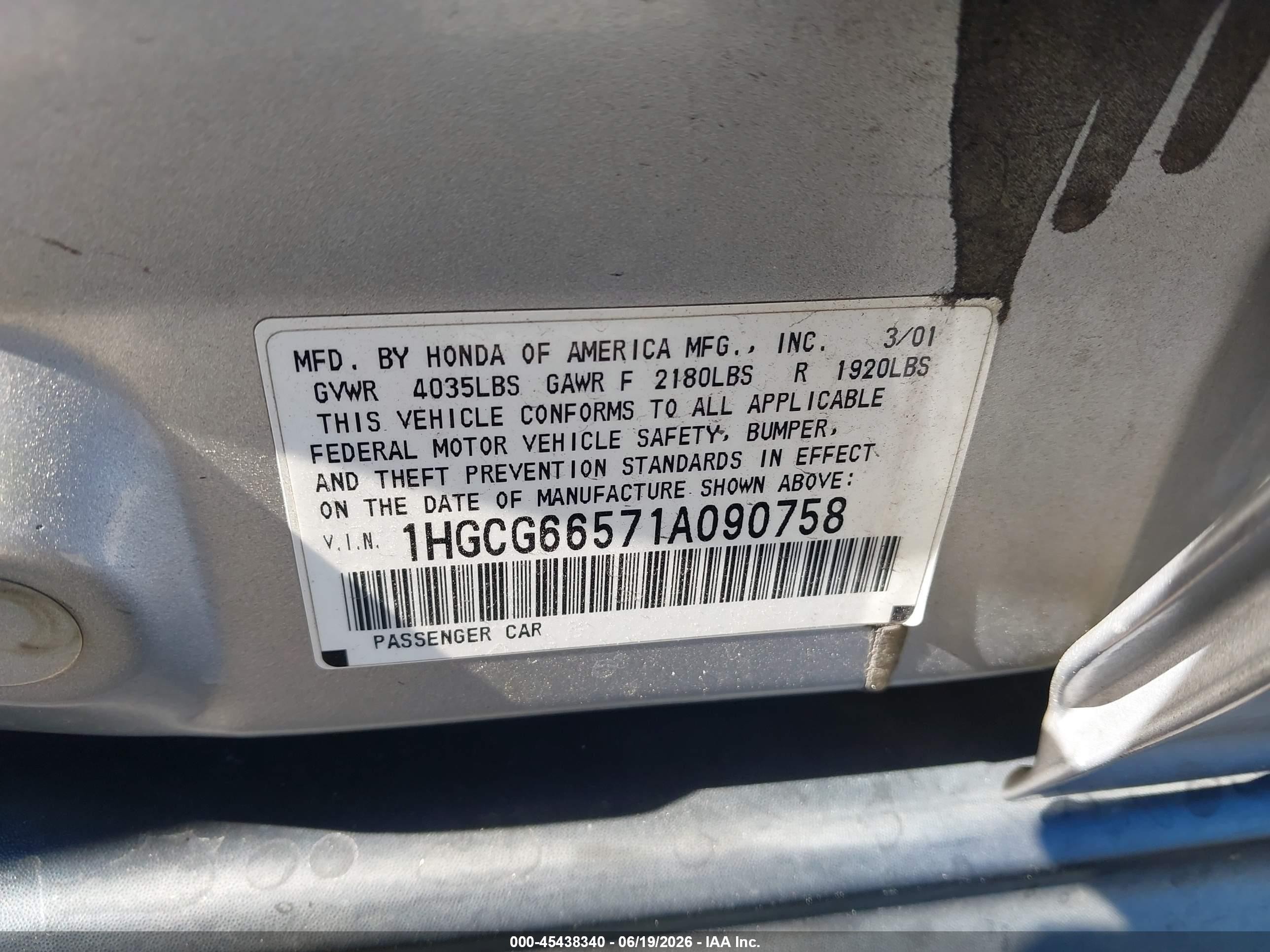 2001 Honda Accord 2.3 Lx Серебряный vin: 1HGCG66571A090758