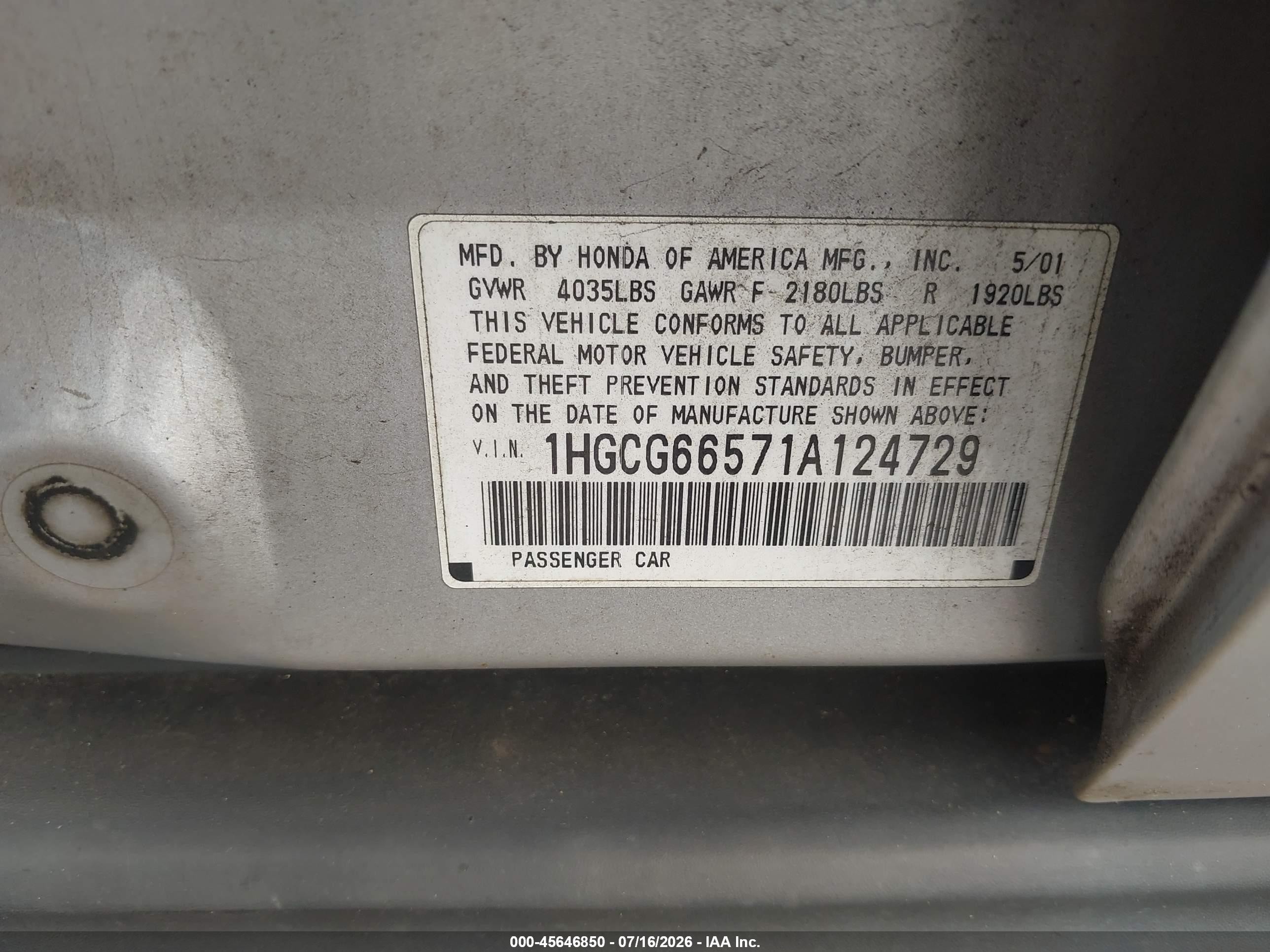 2001 Honda Accord 2.3 Lx Gray vin: 1HGCG66571A124729