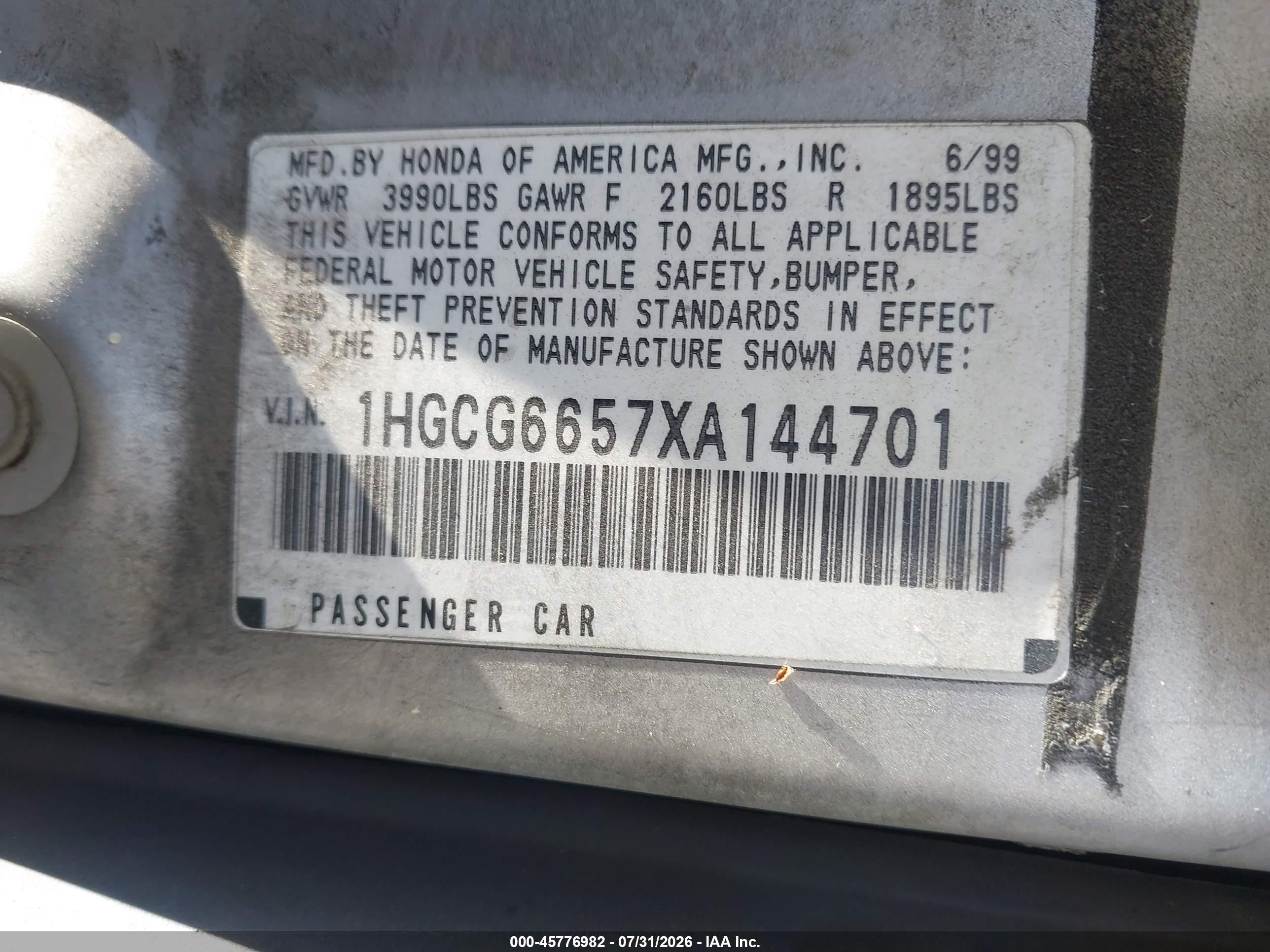 1999 Honda Accord Lx Silver vin: 1HGCG6657XA144701