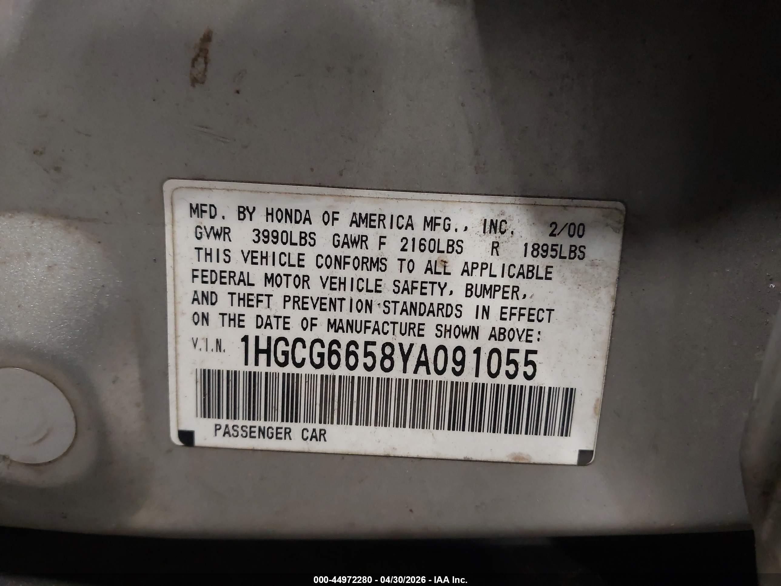2000 Honda Accord 2.3 Lx Silver vin: 1HGCG6658YA091055