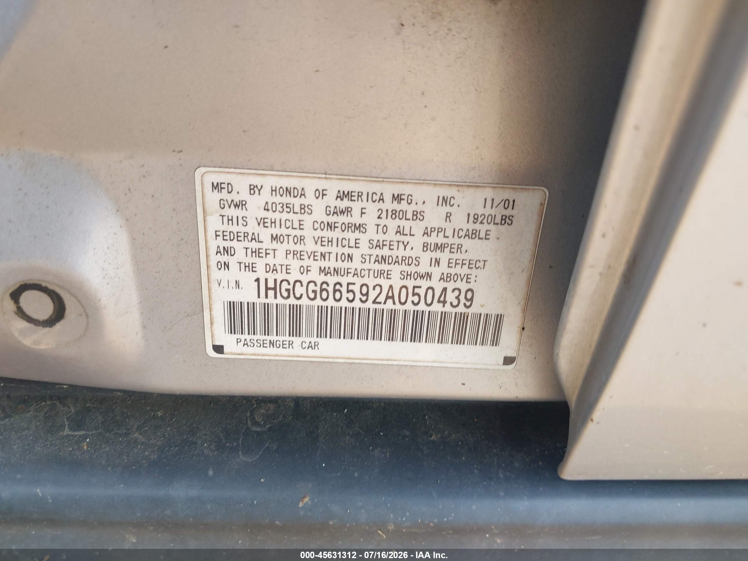 2002 Honda Accord 2.3 Lx Silver vin: 1HGCG66592A050439