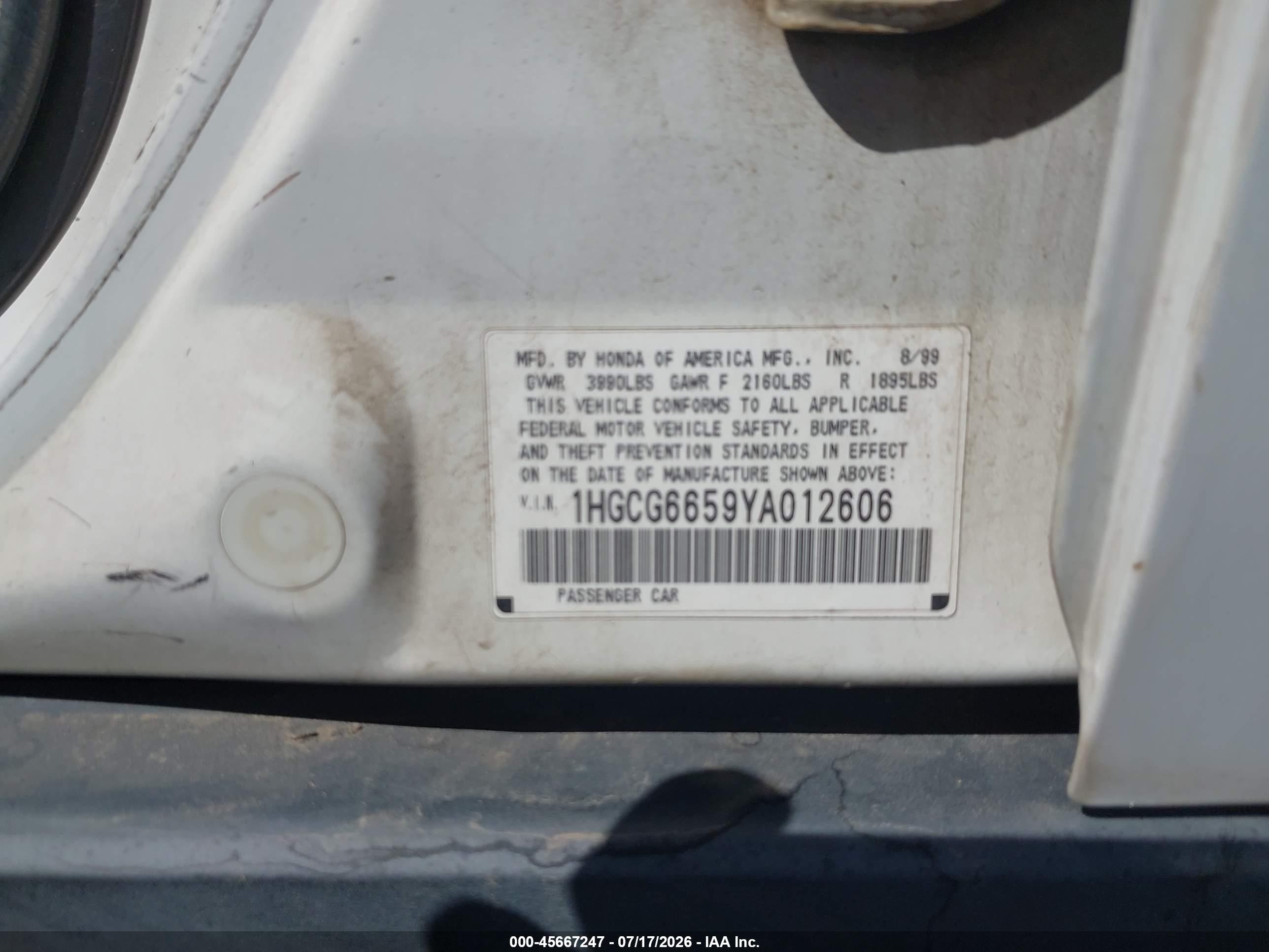 2000 Honda Accord 2.3 Lx Белый vin: 1HGCG6659YA012606