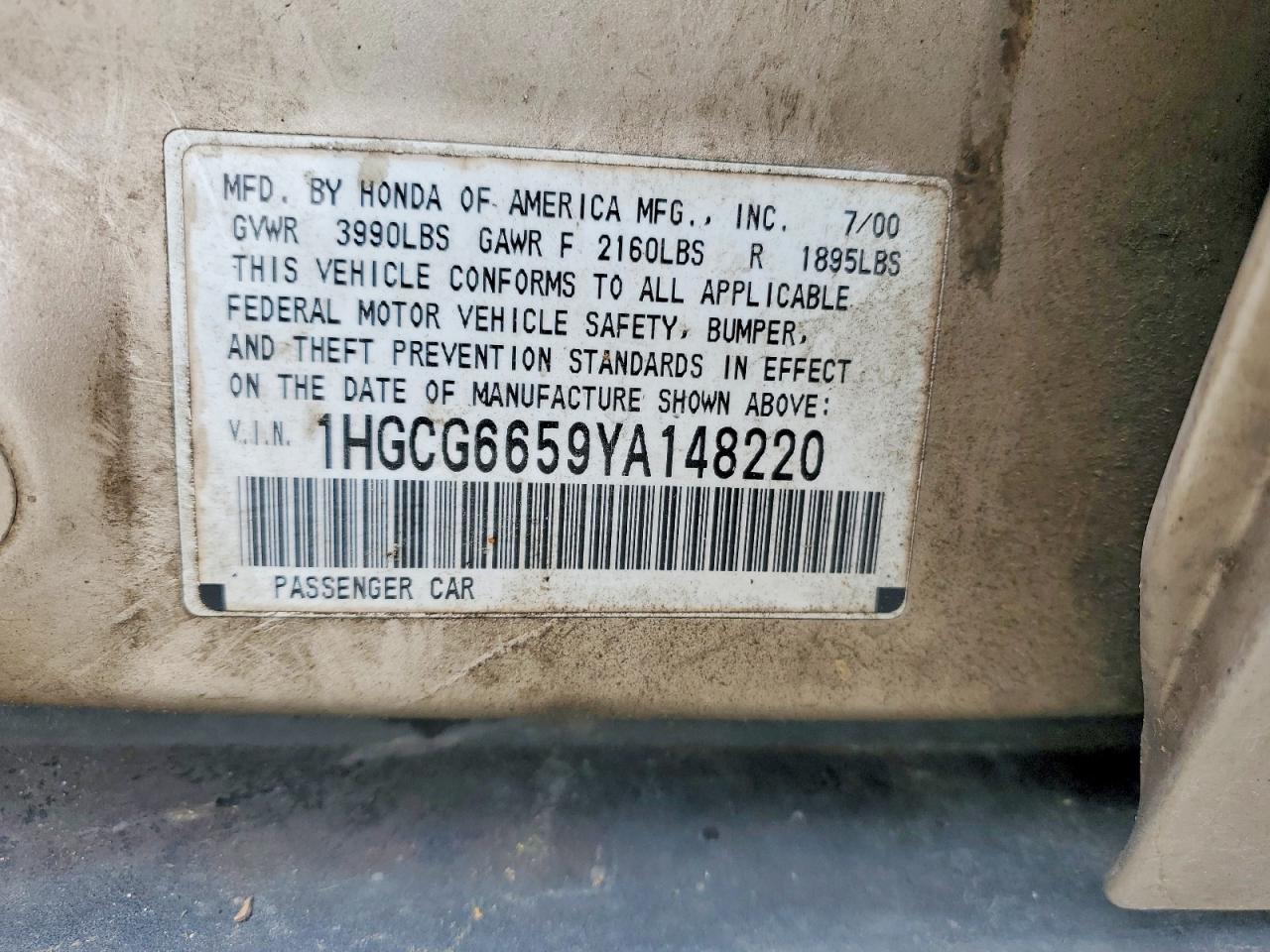 2000 Honda Accord Lx Tan vin: 1HGCG6659YA148220