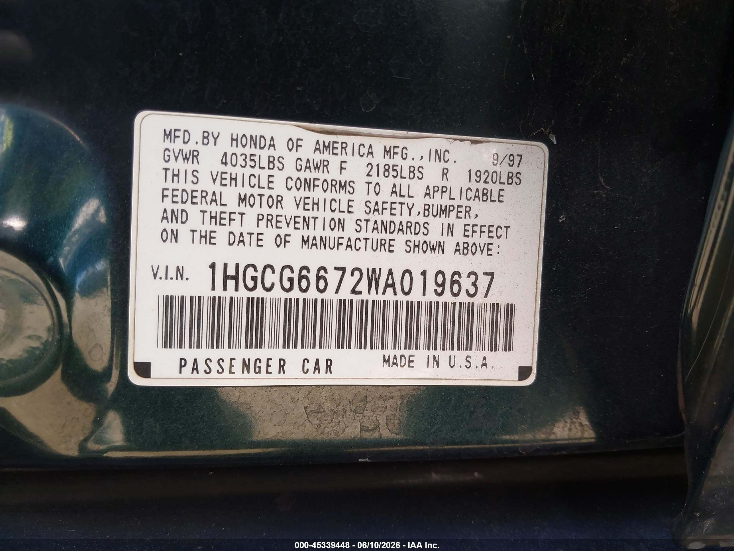 1998 Honda Accord Ex Зеленый vin: 1HGCG6672WA019637