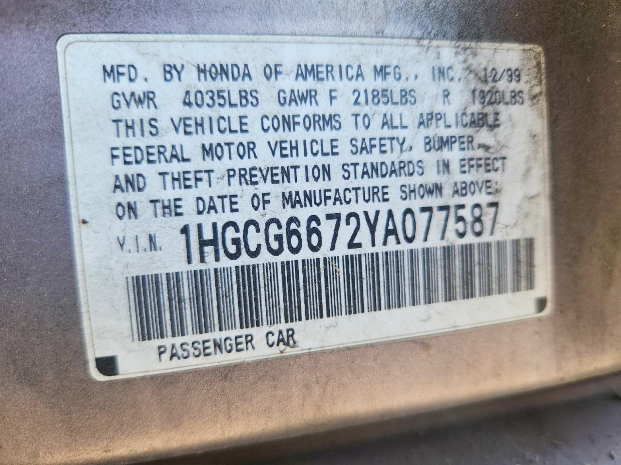 2000 Honda Accord Ex Silver vin: 1HGCG6672YA077587