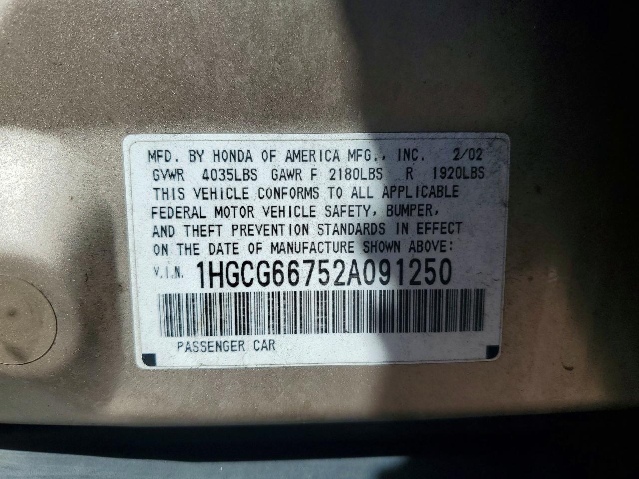 2002 Honda Accord Lx Tan vin: 1HGCG66752A091250