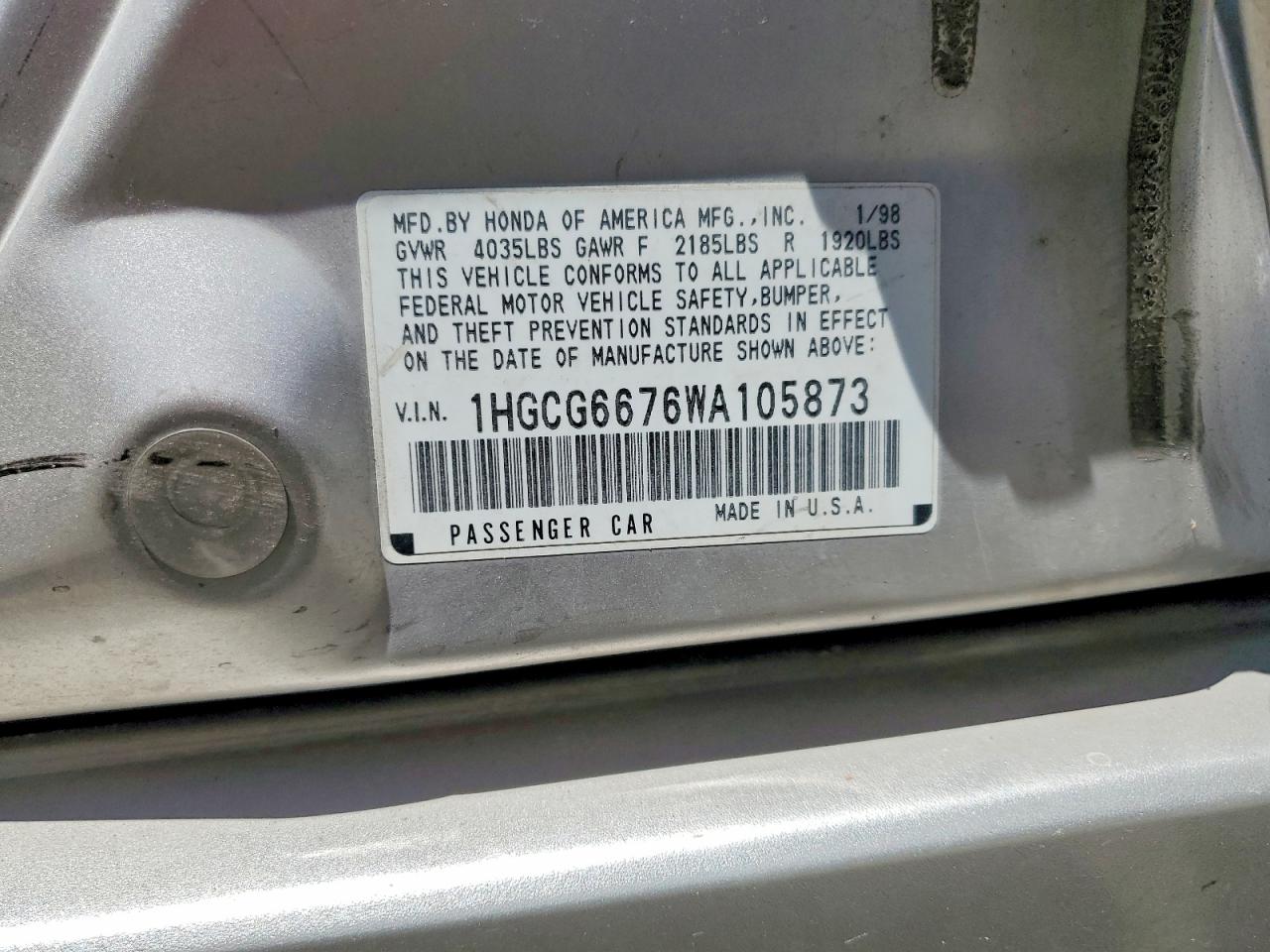 1998 Honda Accord Ex Silver vin: 1HGCG6676WA105873