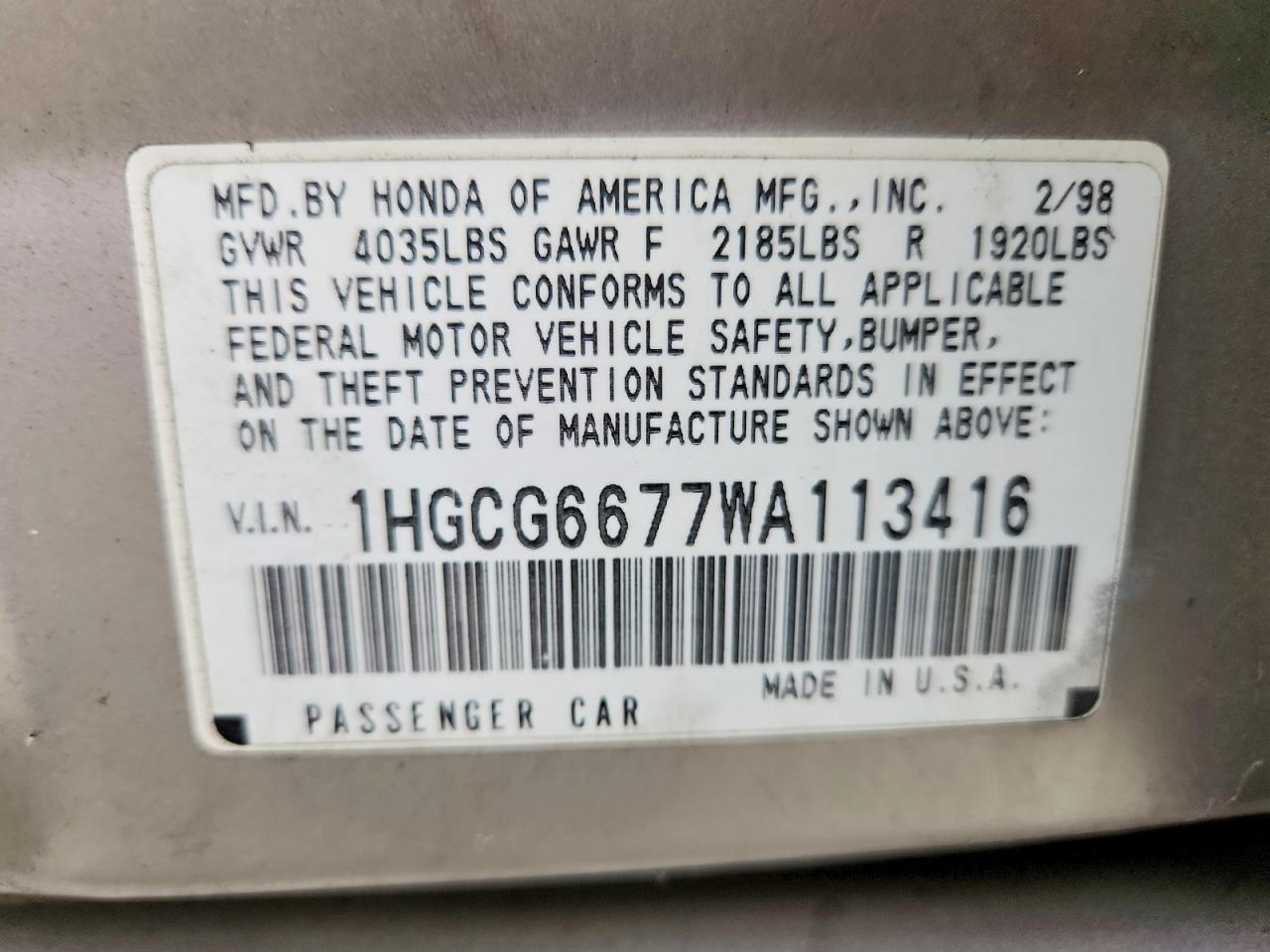 1998 Honda Accord Ex Tan vin: 1HGCG6677WA113416