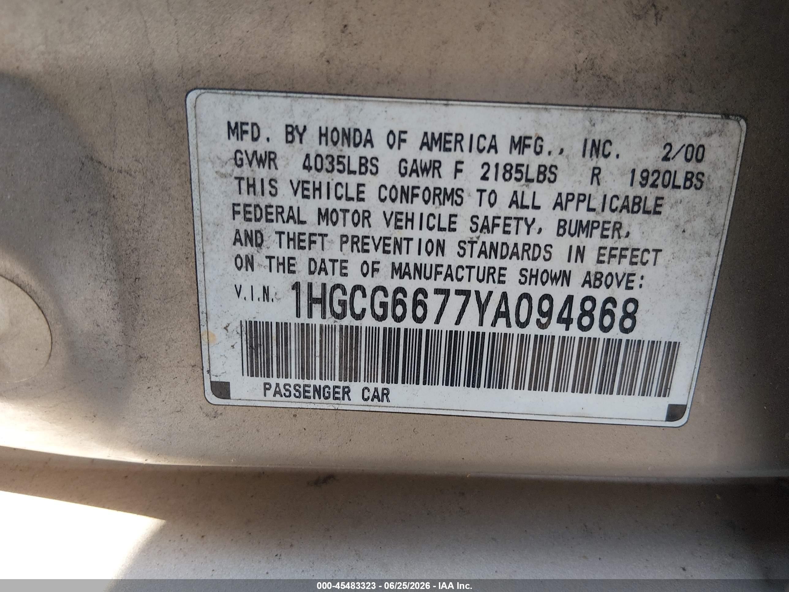 2000 Honda Accord 2.3 Ex Gold vin: 1HGCG6677YA094868