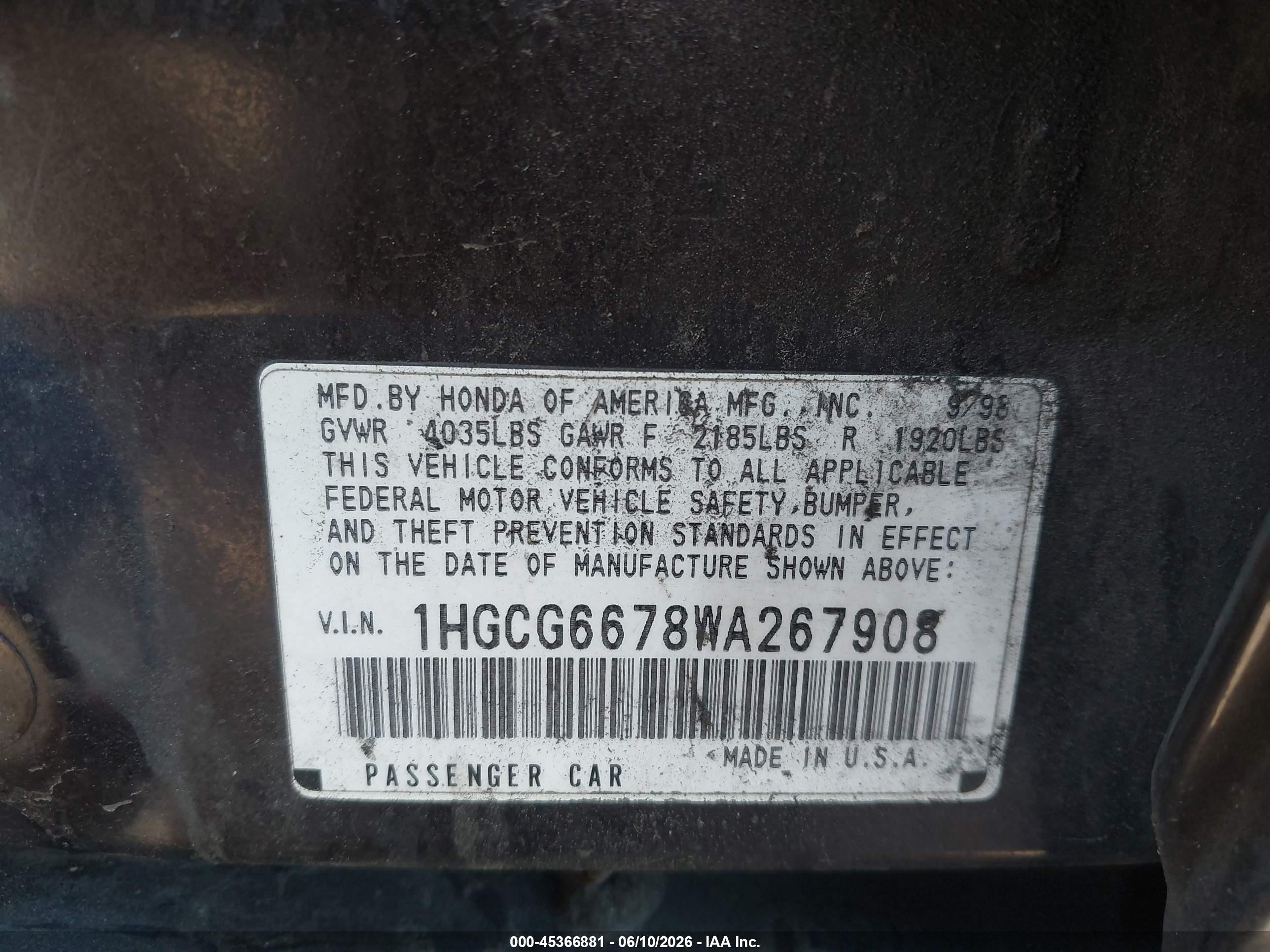 1998 Honda Accord Ex Фиолетовый vin: 1HGCG6678WA267908