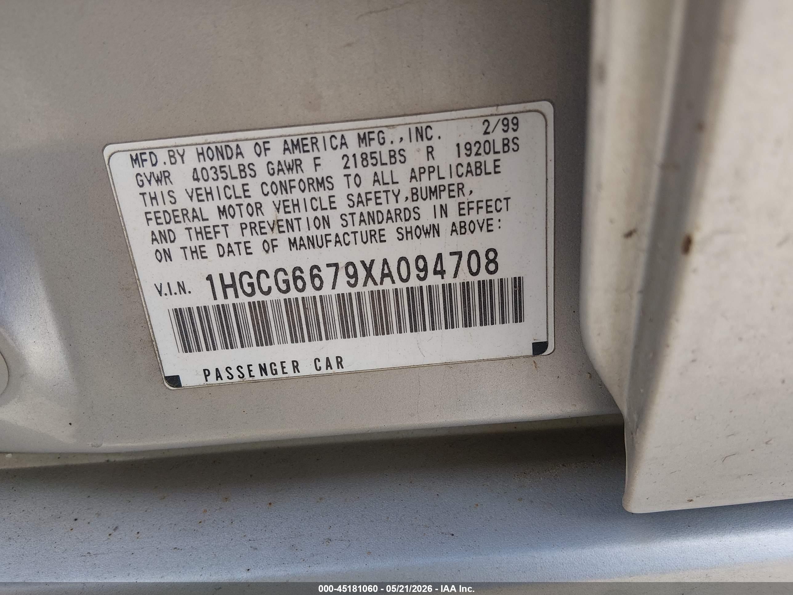 1999 Honda Accord Ex Gold vin: 1HGCG6679XA094708