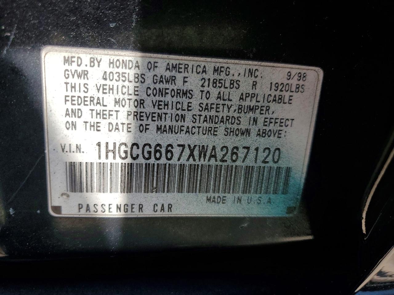1998 Honda Accord Ex Green vin: 1HGCG667XWA267120