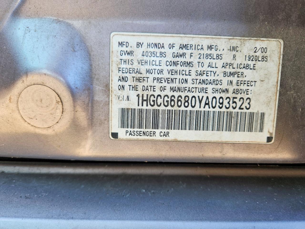 2000 Honda Accord Ex Tan vin: 1HGCG6680YA093523