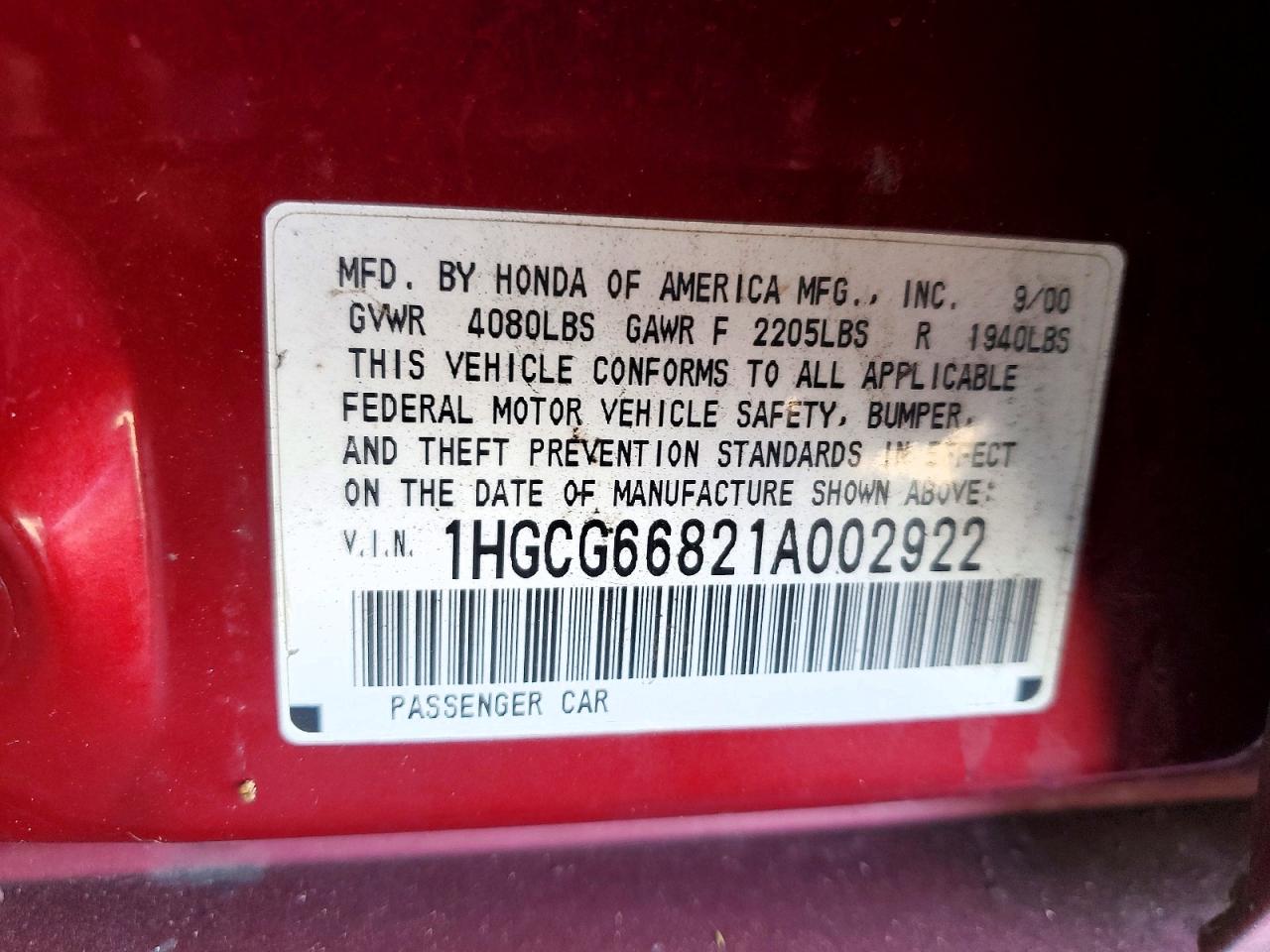 2001 Honda Accord Ex Burgundy vin: 1HGCG66821A002922