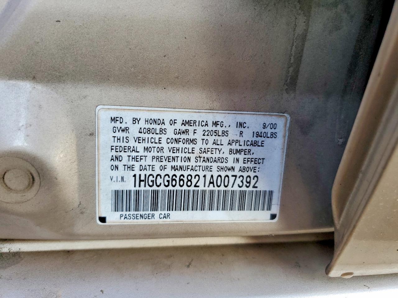 2001 Honda Accord Ex Золотой vin: 1HGCG66821A007392