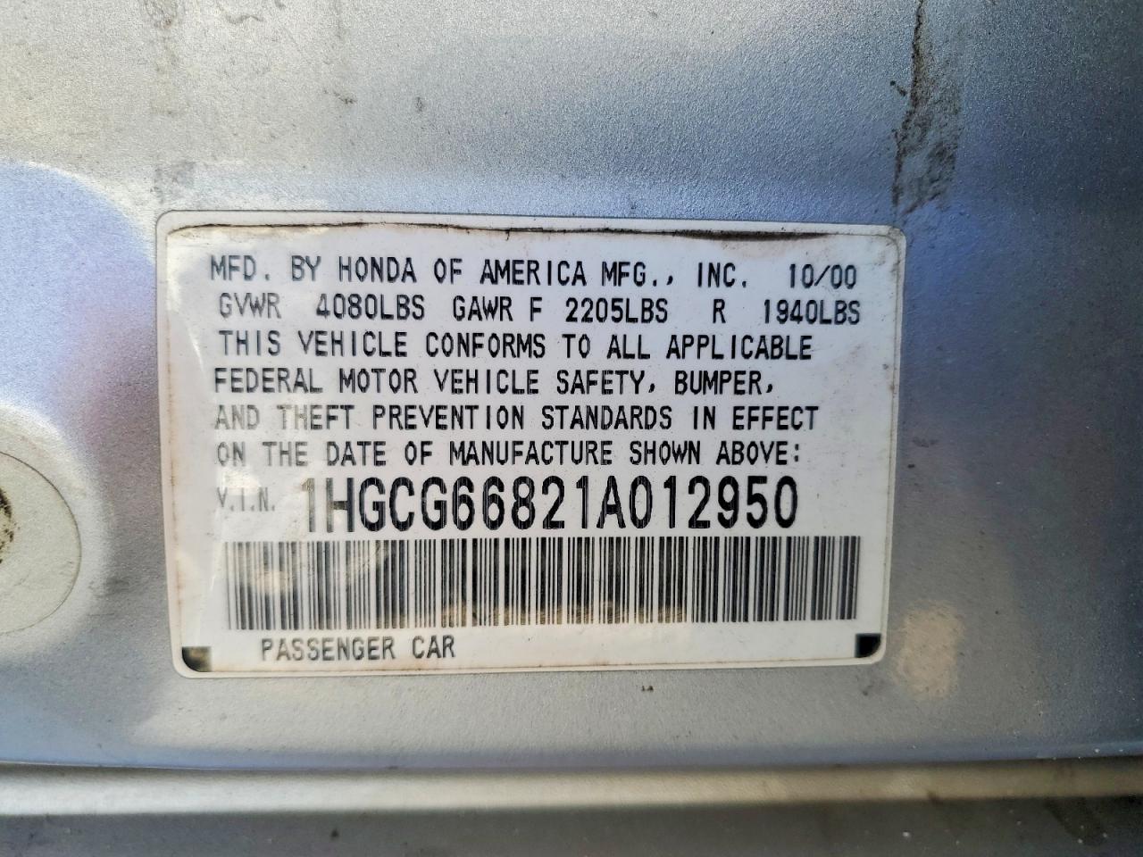 2001 Honda Accord Ex Silver vin: 1HGCG66821A012950