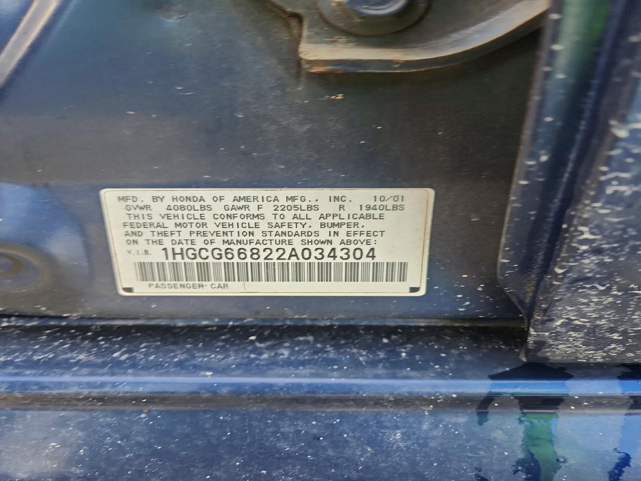 2002 Honda Accord Ex Синий vin: 1HGCG66822A034304