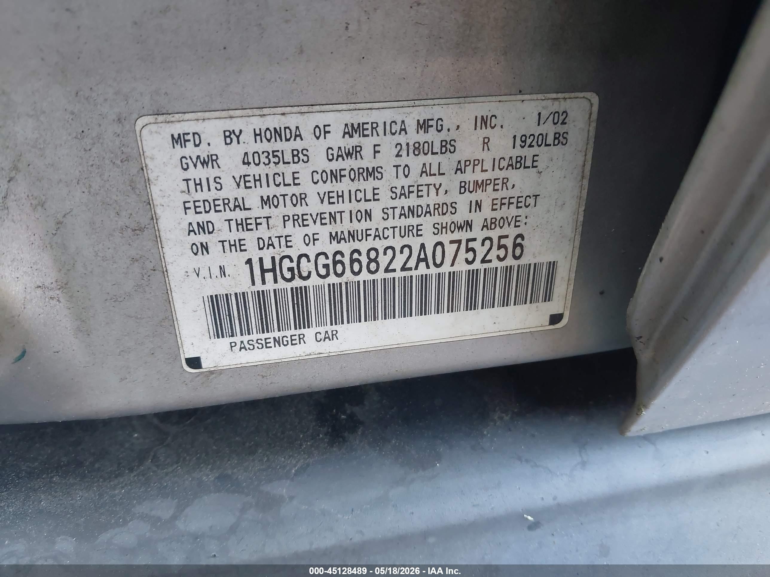 2002 Honda Accord 2.3 Ex/2.3 Se Silver vin: 1HGCG66822A075256