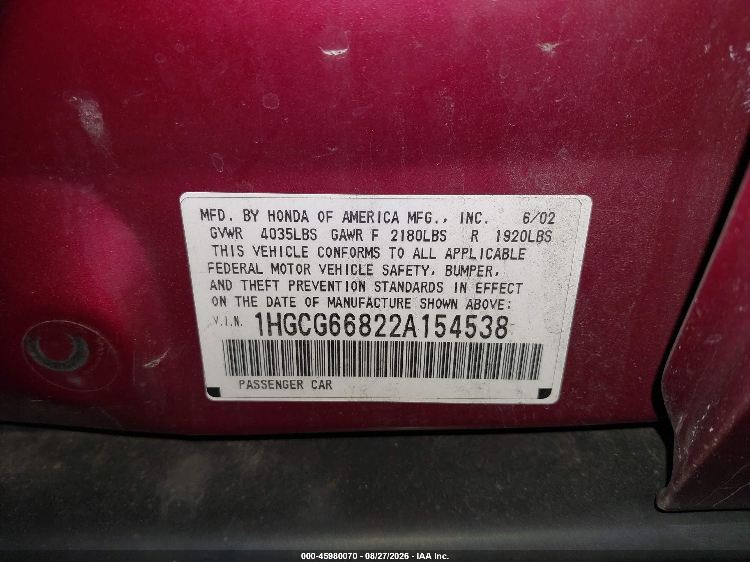 2002 Honda Accord 2.3 Ex/2.3 Se Красный vin: 1HGCG66822A154538