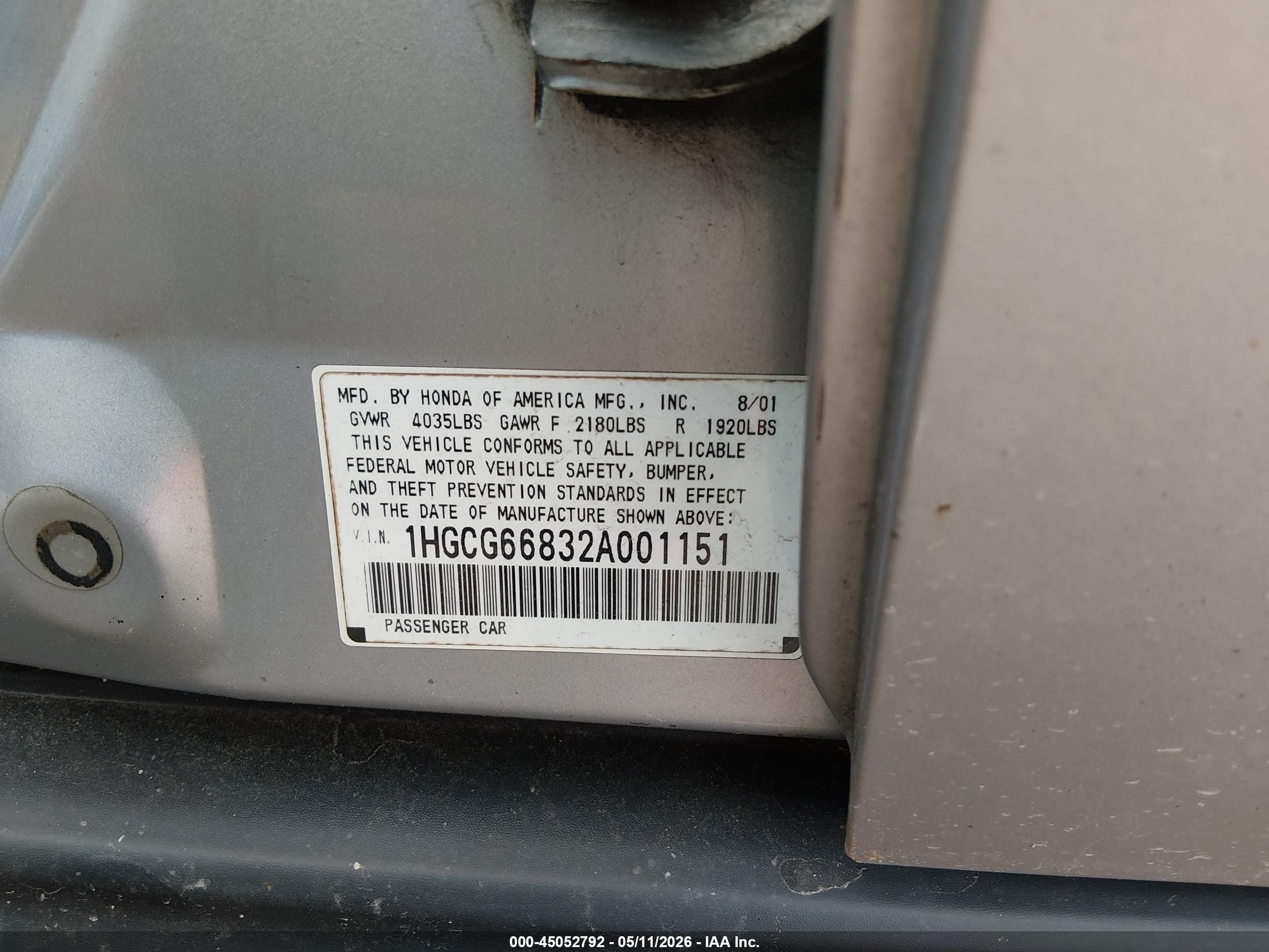 2002 Honda Accord 2.3 Ex/2.3 Se Silver vin: 1HGCG66832A001151