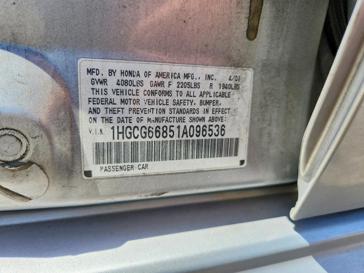2001 Honda Accord Ex Gray vin: 1HGCG66851A096536