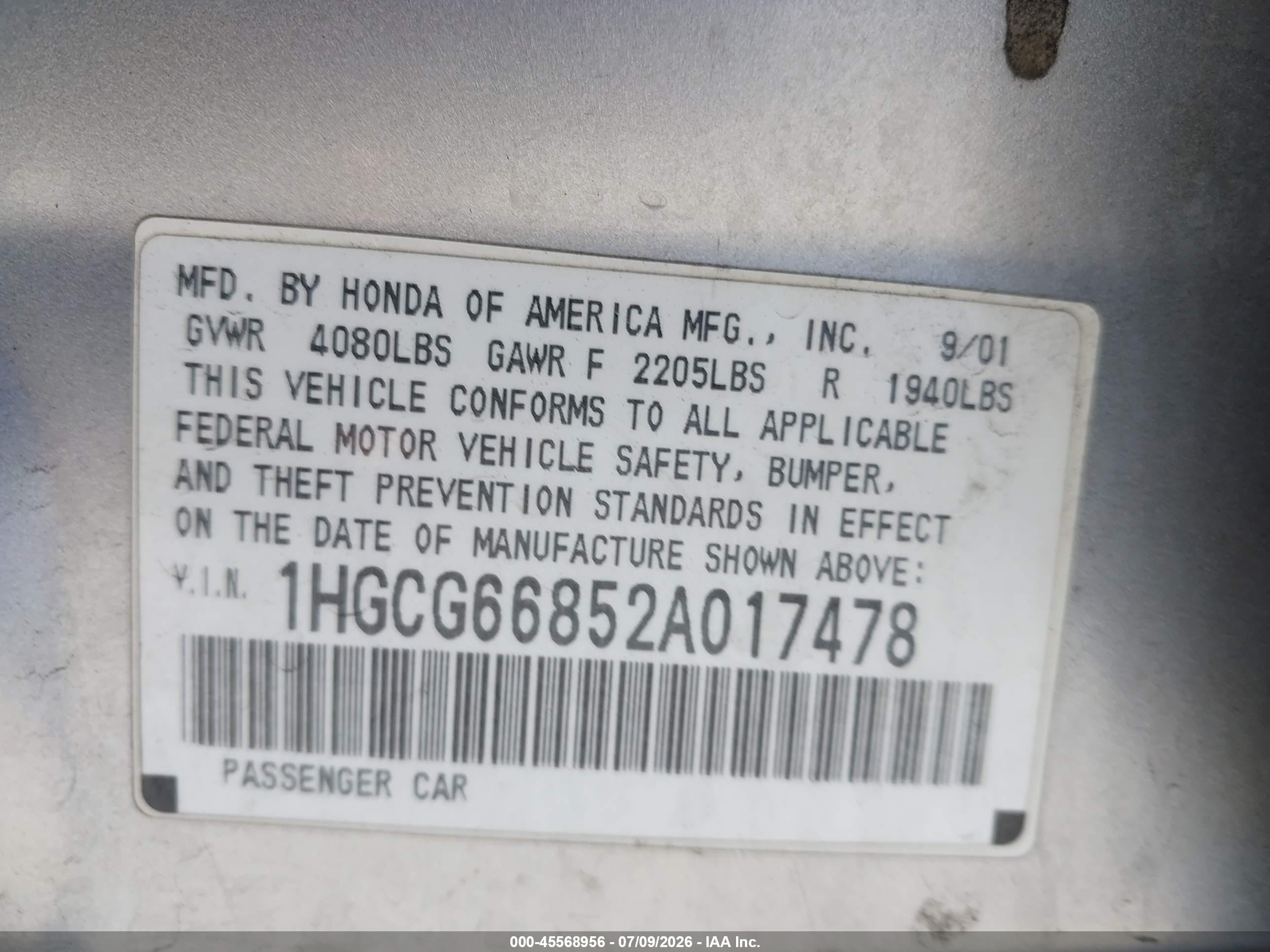 2002 Honda Accord 2.3 Ex/2.3 Se Silver vin: 1HGCG66852A017478