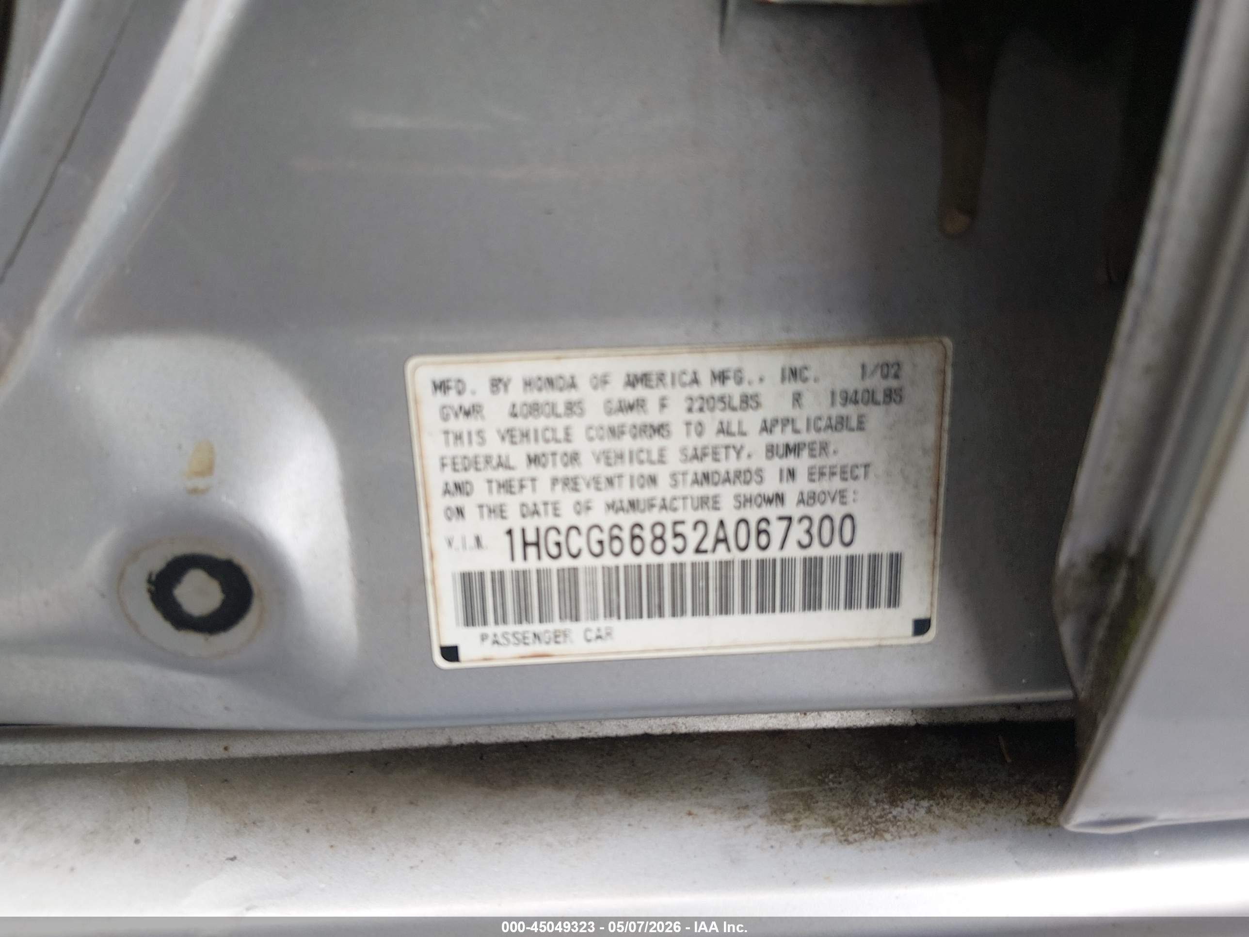 2002 Honda Accord 2.3 Ex/2.3 Se Silver vin: 1HGCG66852A067300