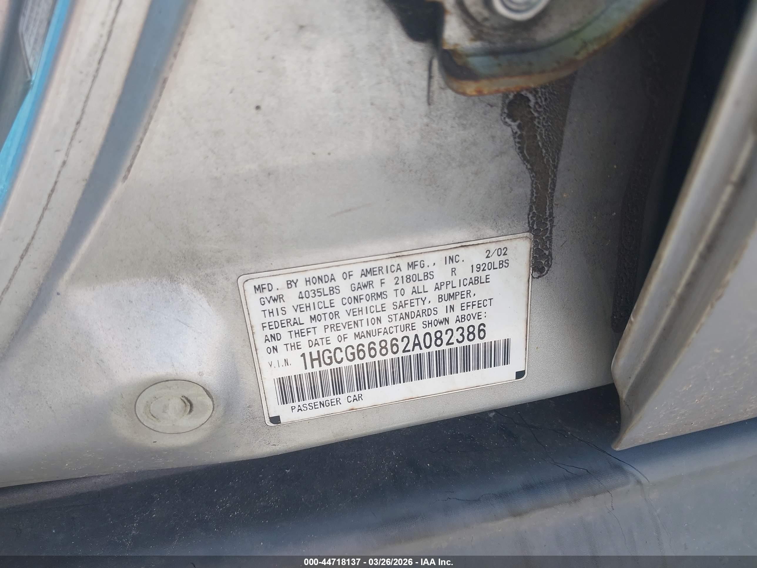 2002 Honda Accord 2.3 Ex/2.3 Se Silver vin: 1HGCG66862A082386