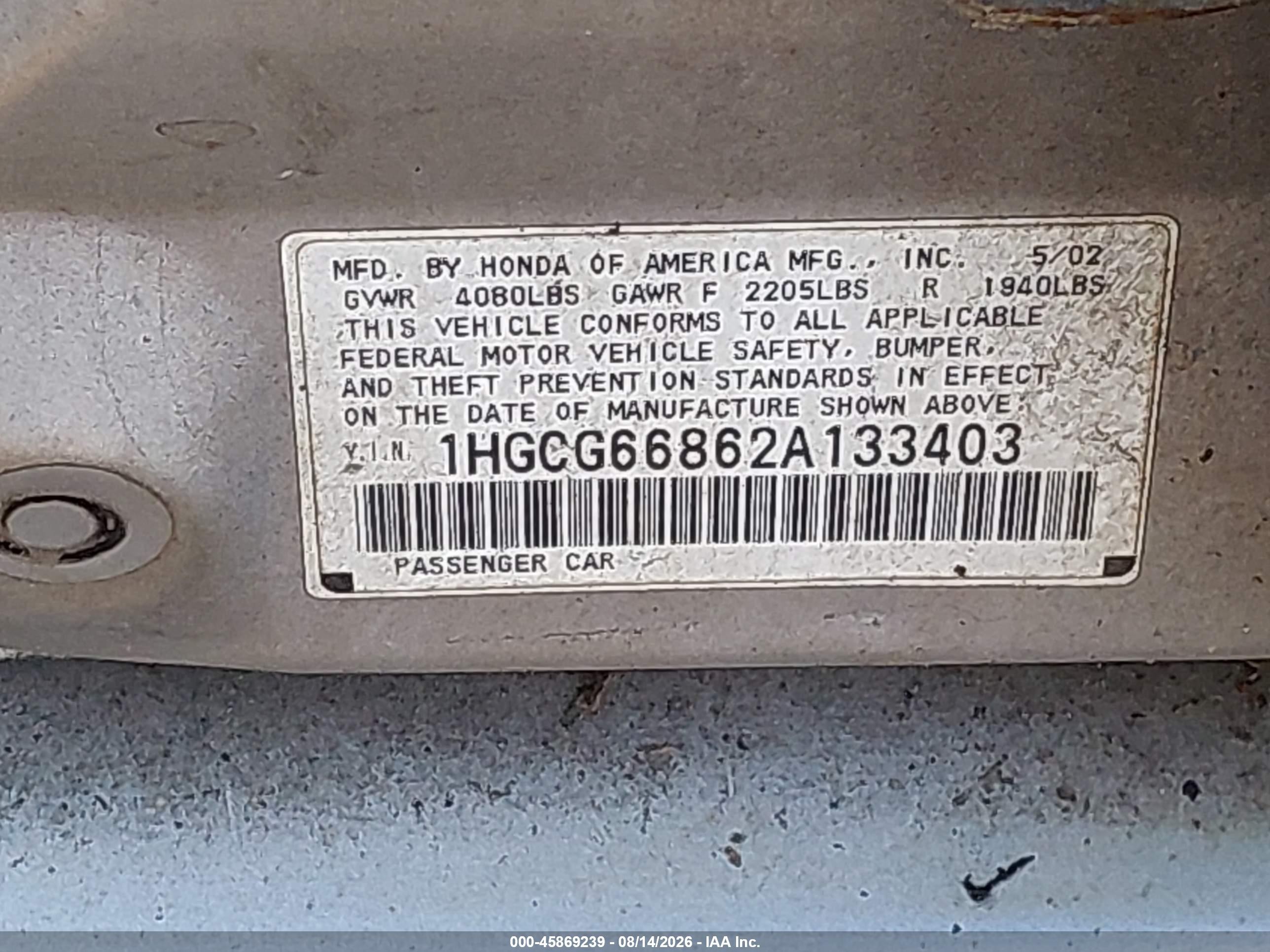2002 Honda Accord 2.3 Ex/2.3 Se Silver vin: 1HGCG66862A133403