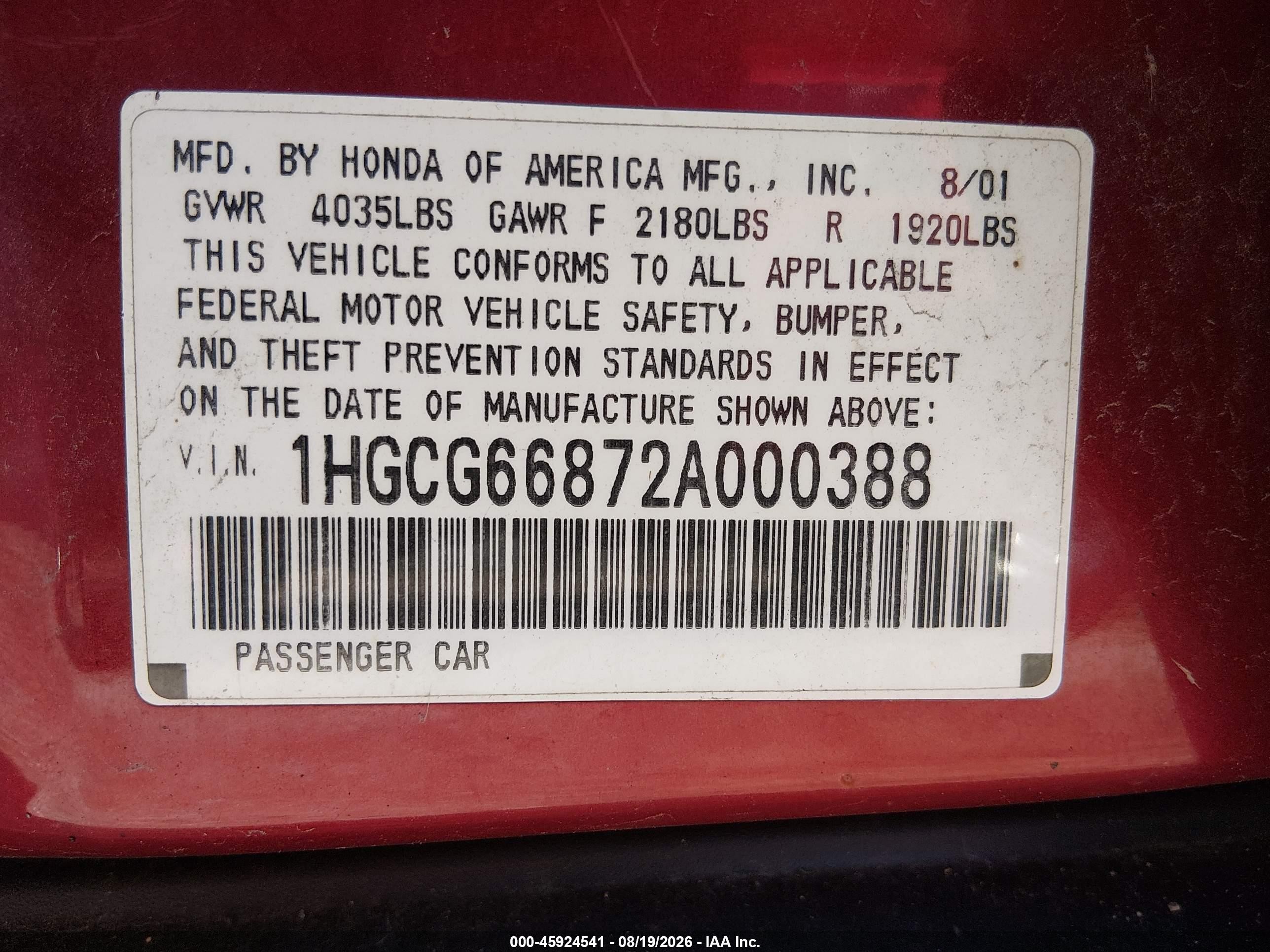 2002 Honda Accord 2.3 Ex/2.3 Se Red vin: 1HGCG66872A000388