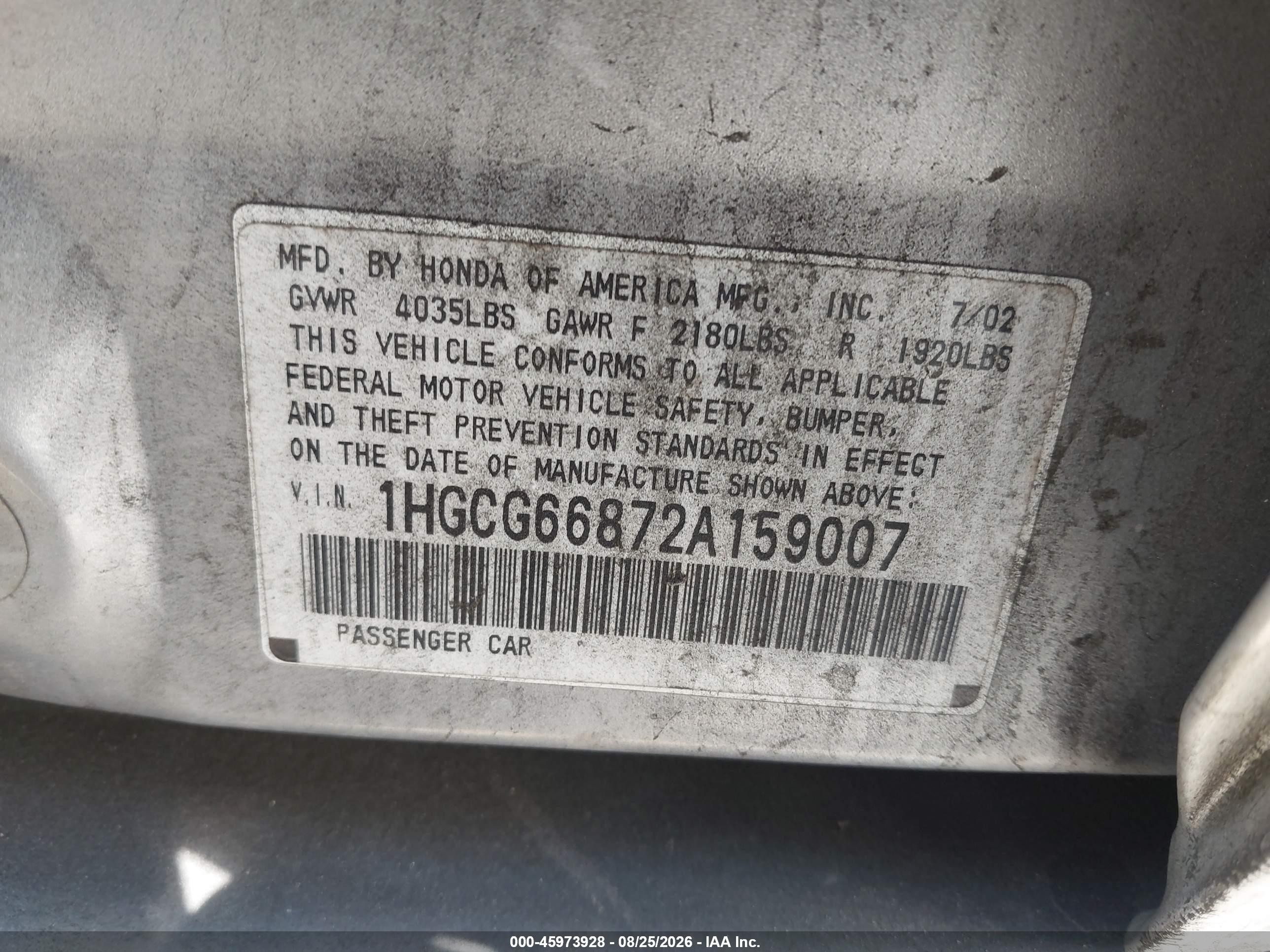 2002 Honda Accord 2.3 Ex/2.3 Se Silver vin: 1HGCG66872A159007