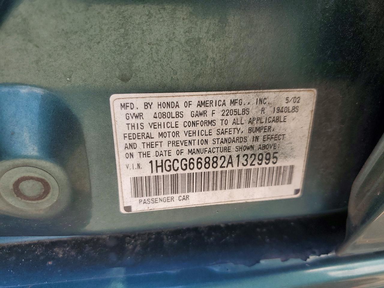2002 Honda Accord Ex Green vin: 1HGCG66882A132995