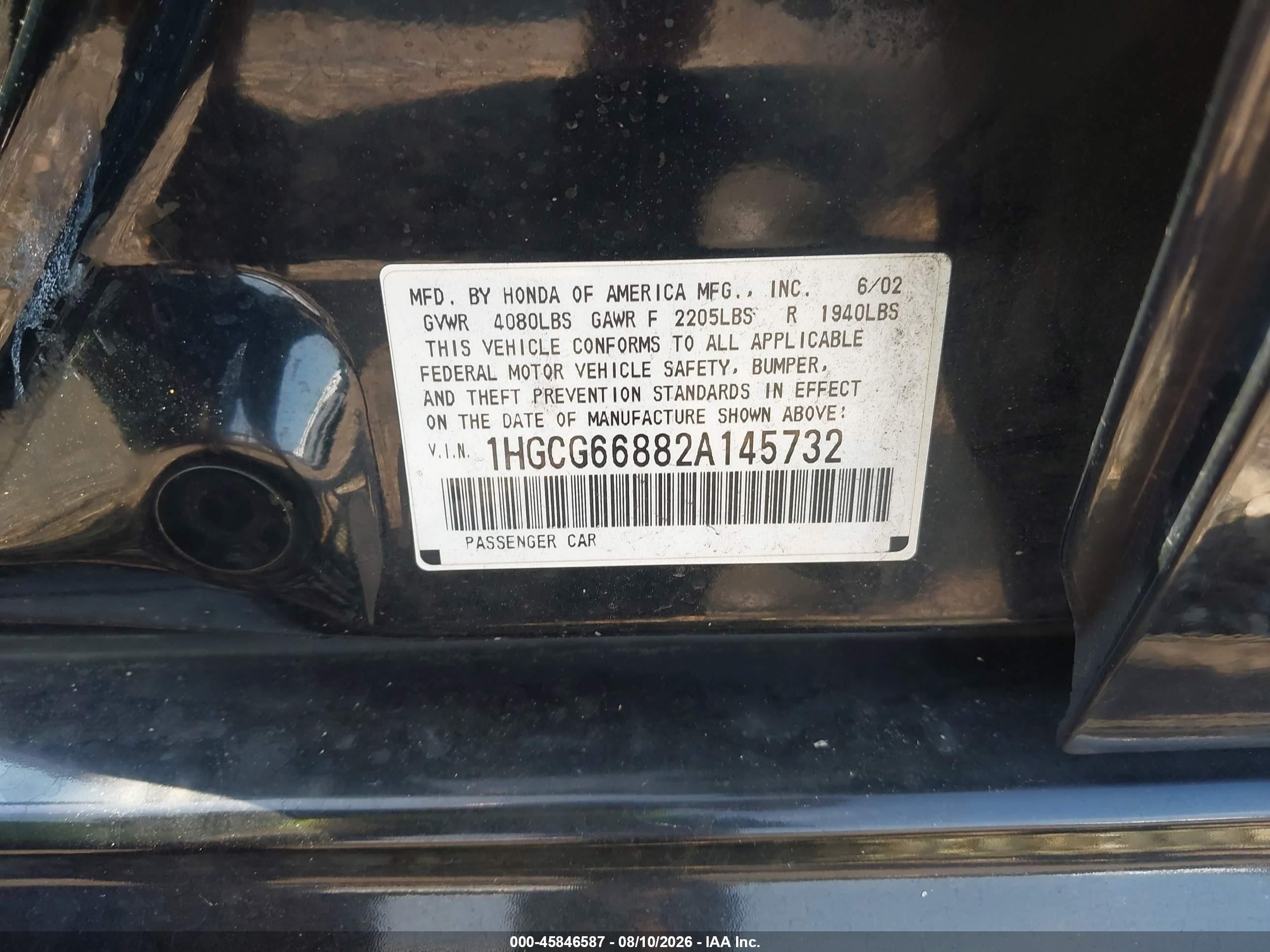 2002 Honda Accord   Black vin: 1HGCG66882A145732