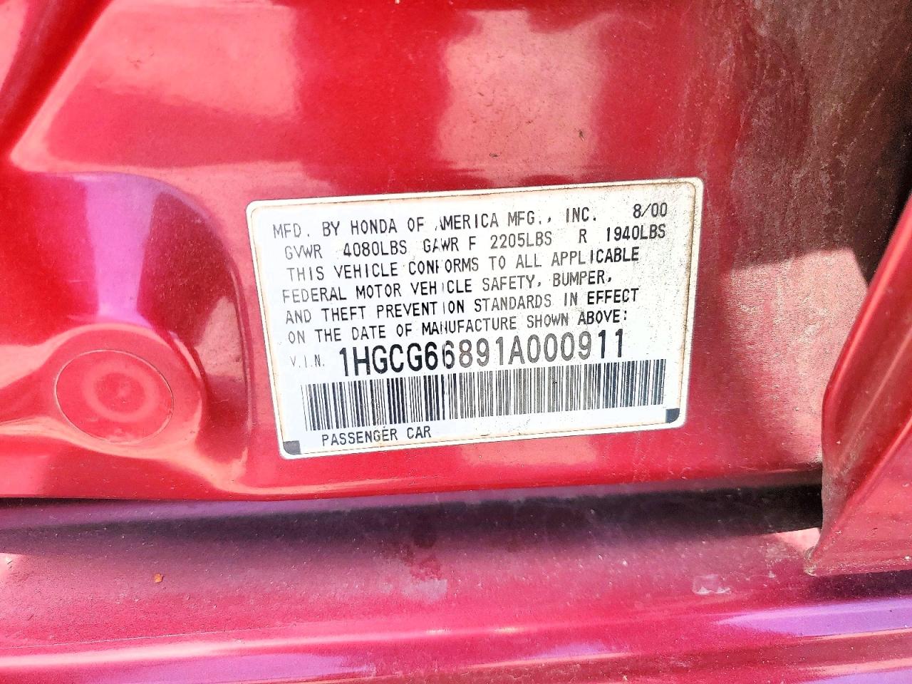 2001 Honda Accord Ex Бордовый vin: 1HGCG66891A000911