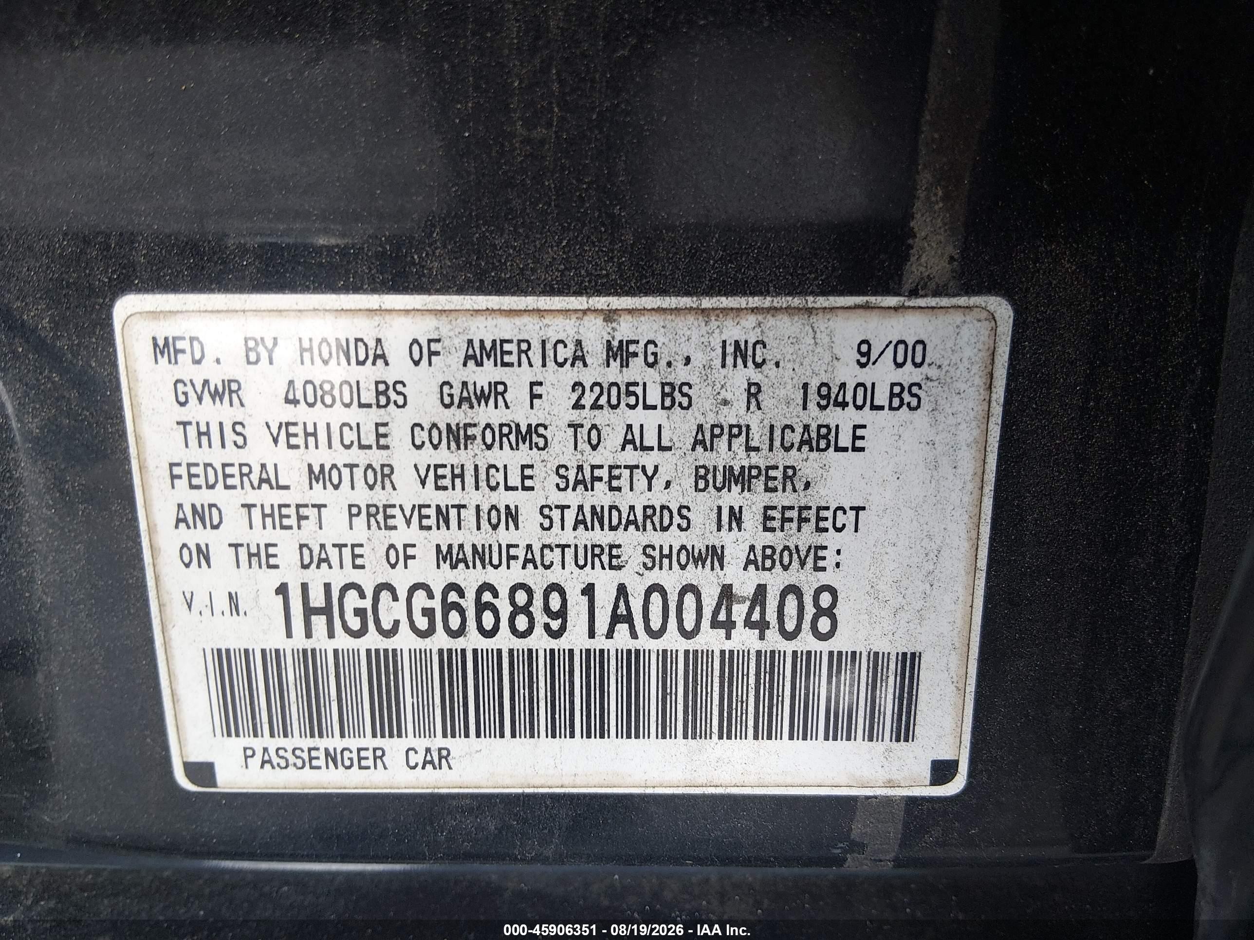 2001 Honda Accord 2.3 Ex Black vin: 1HGCG66891A004408