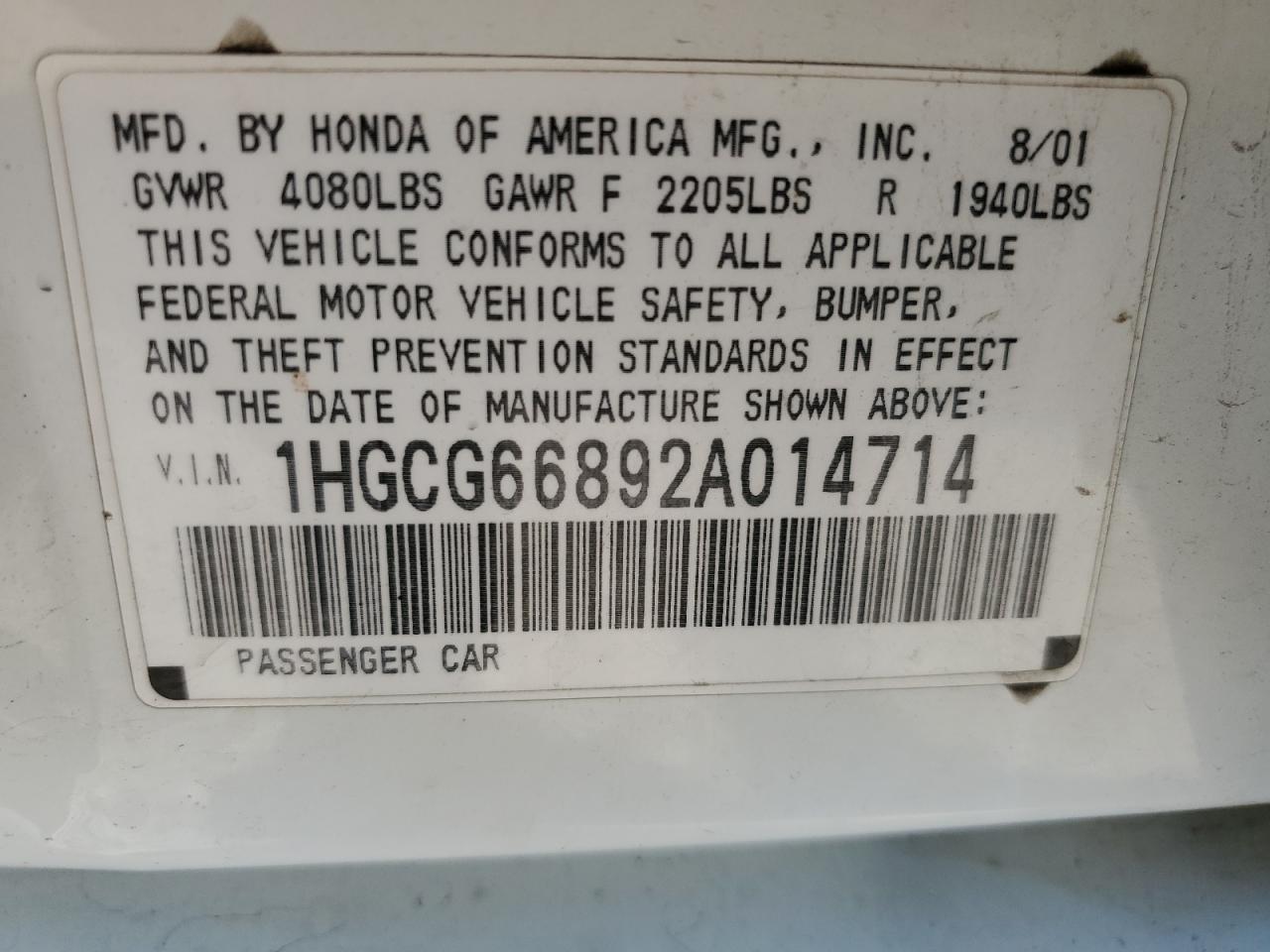 2002 Honda Accord Ex White vin: 1HGCG66892A014714