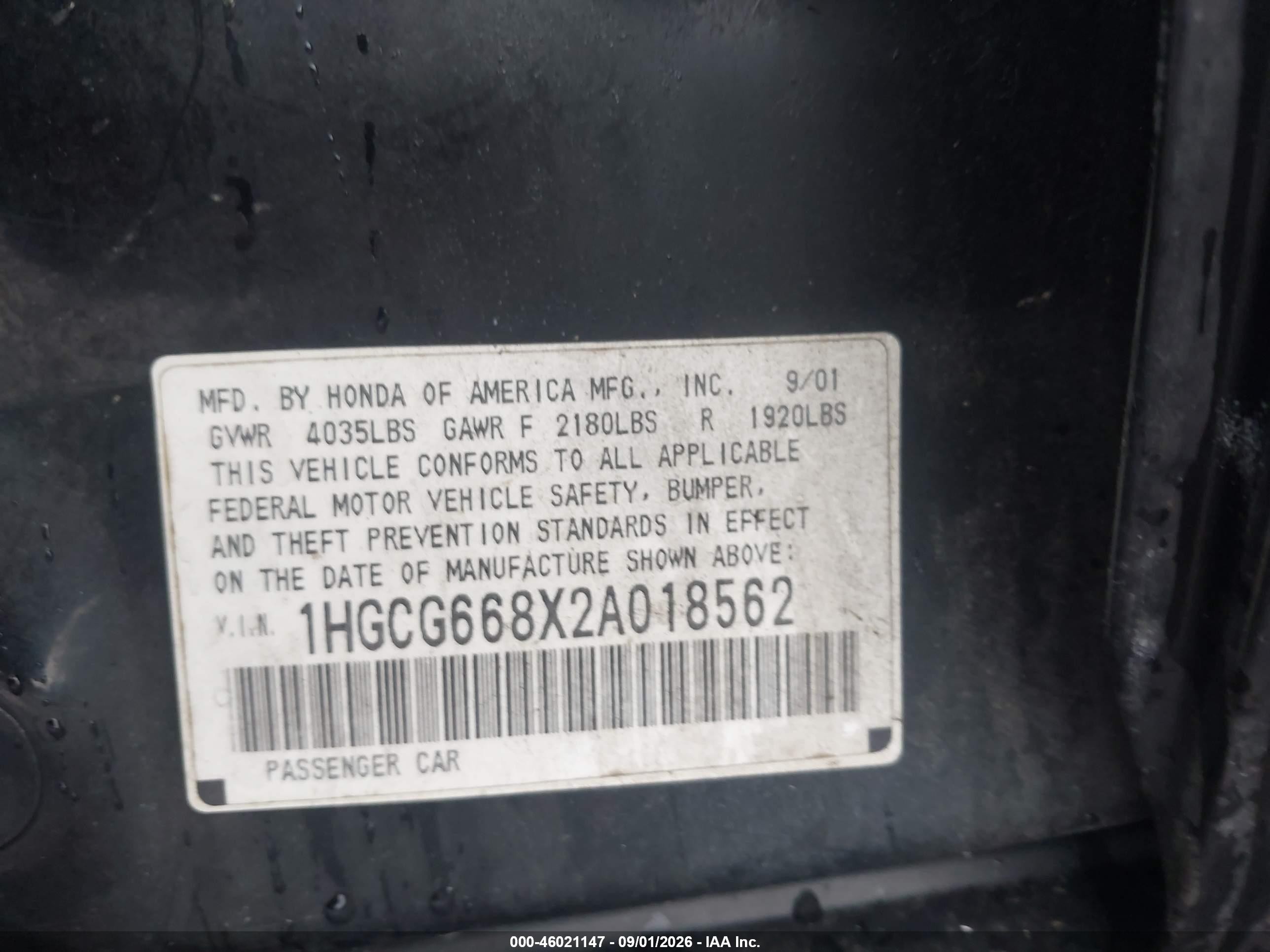2002 Honda Accord 2.3 Ex/2.3 Se Black vin: 1HGCG668X2A018562