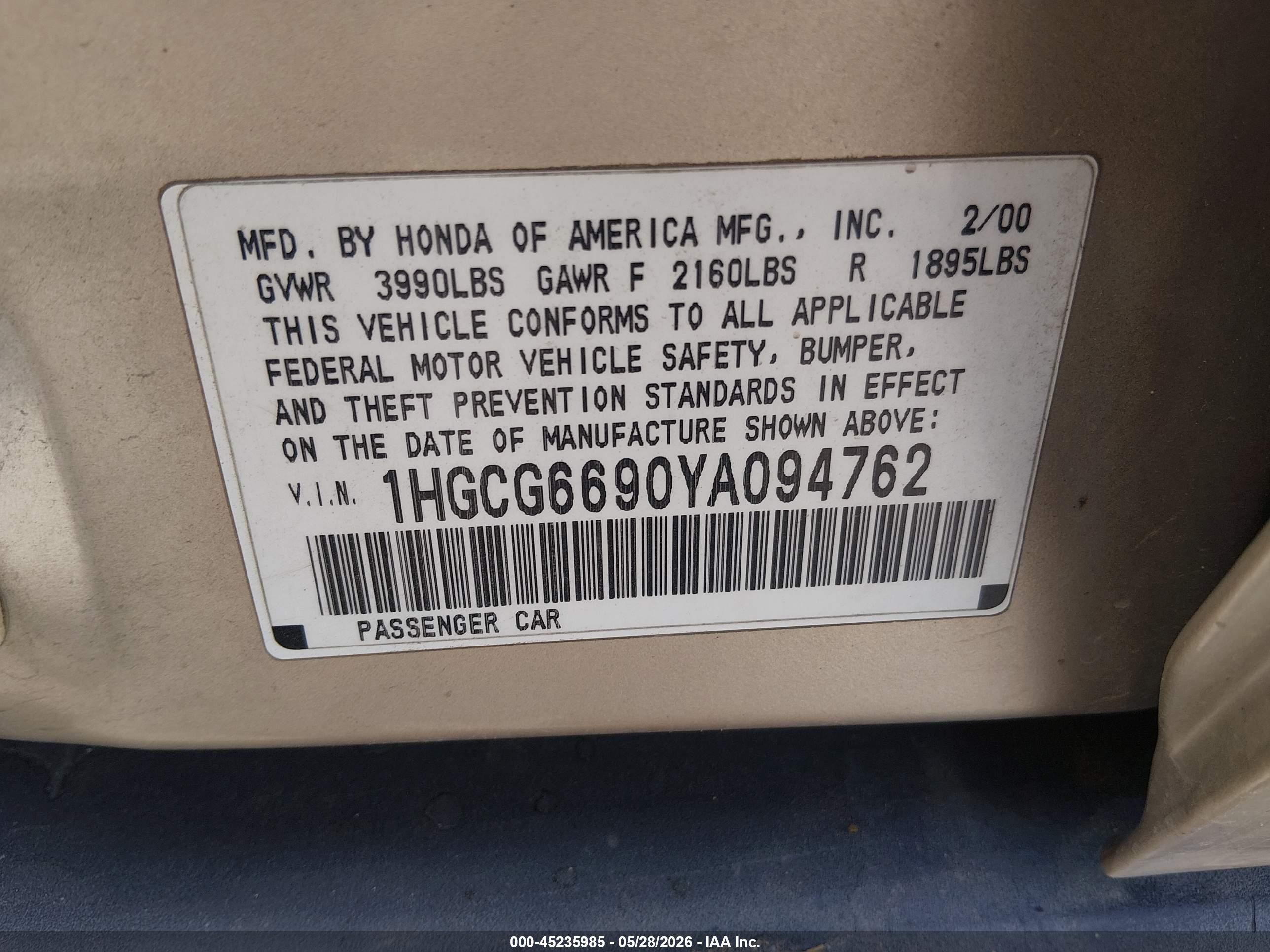 2000 Honda Accord 2.3 Se Золотой vin: 1HGCG6690YA094762