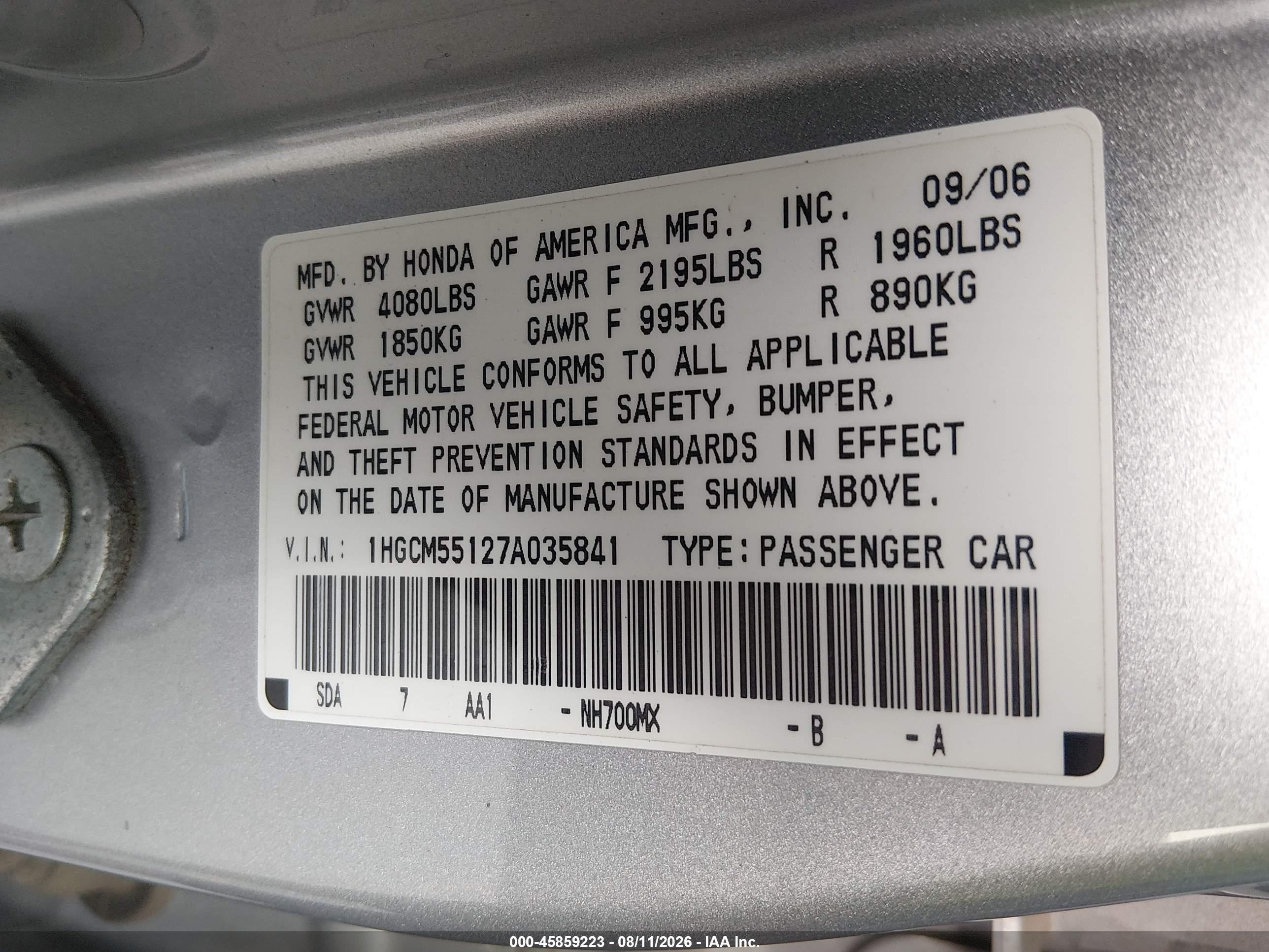 2007 Honda Accord 2.4 Vp Silver vin: 1HGCM55127A035841
